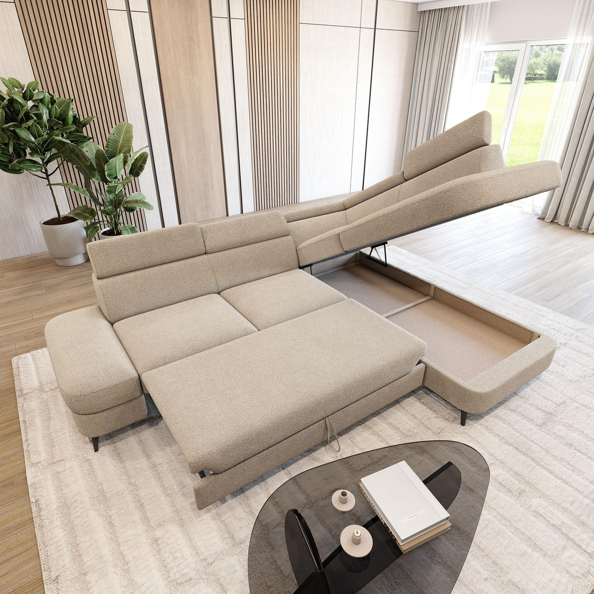 ECKSOFA AVISE Q R-S Beige Boucle-Stoff mit Schlaffunktion - Beige, Holzwerkstoff/Textil (268/195cm) - MASSENO