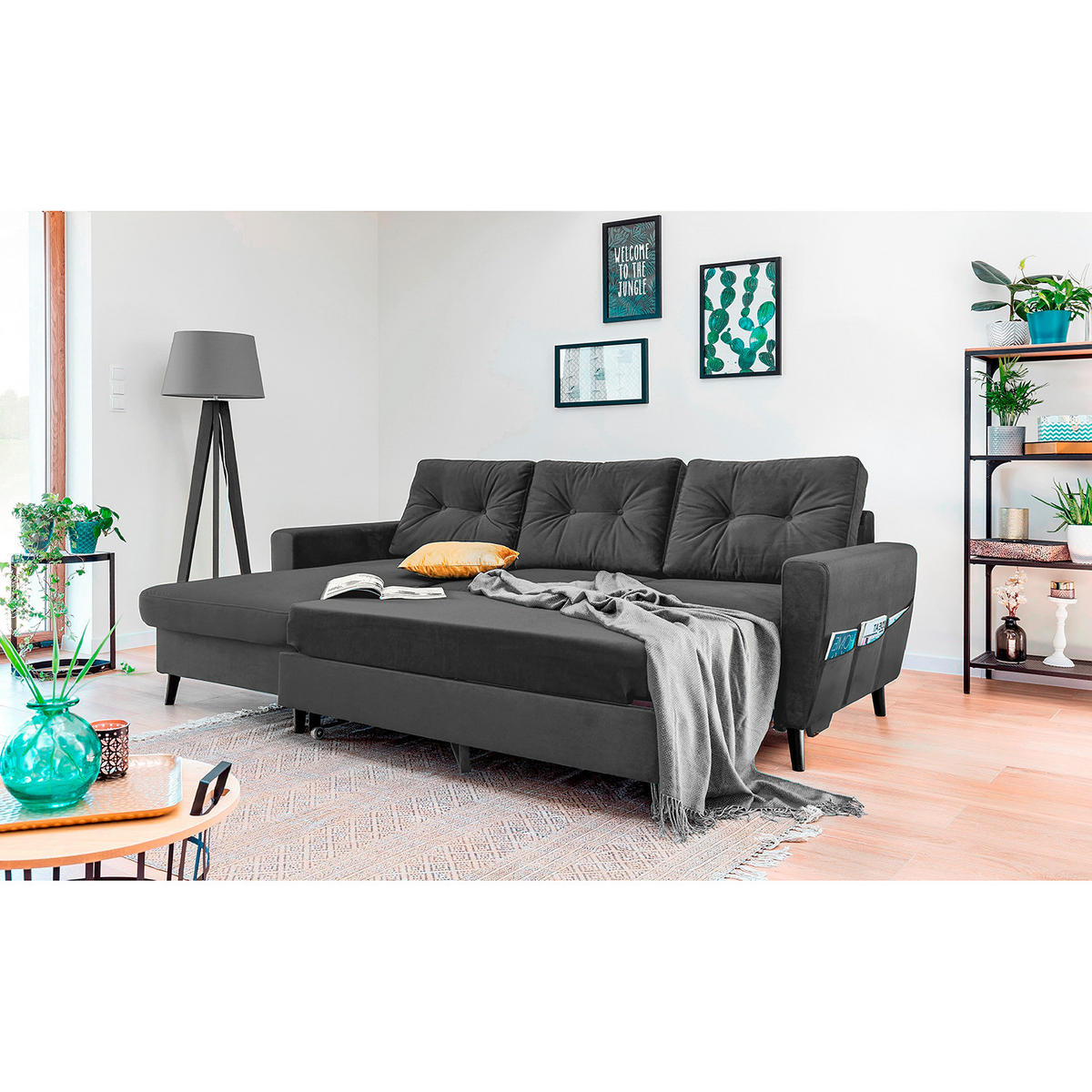 ECKSOFA mit Longchair - Dunkelgrau/Schwarz, Buchenholz/Textil (233/148cm) - home24