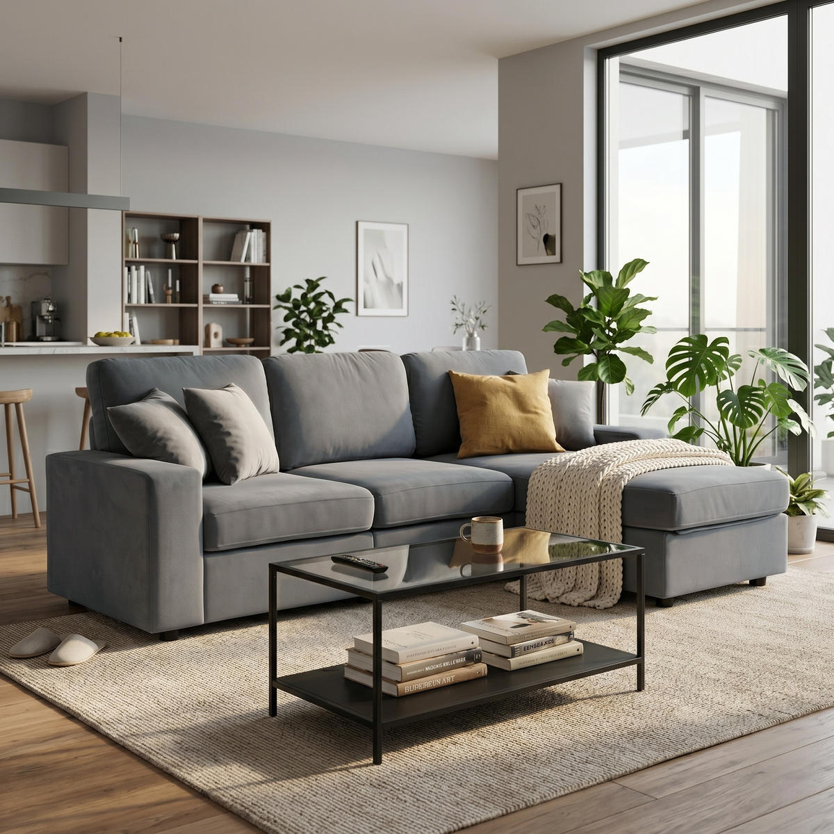 ECKSOFA Polyester Grau mit Stauraum - Grau, Holzwerkstoff/Textil (245.5/150.5cm) - WISHDOR