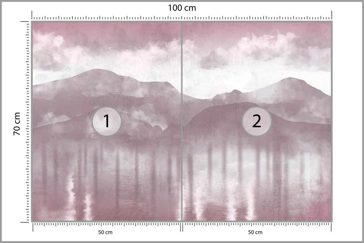 FOTOTAPETE für Wohnzimmer Neblige Berglandschaft Violet Bergpanorama Modern 100x70 - Violett/Rosa, Papier (100/70cm) - Muralo