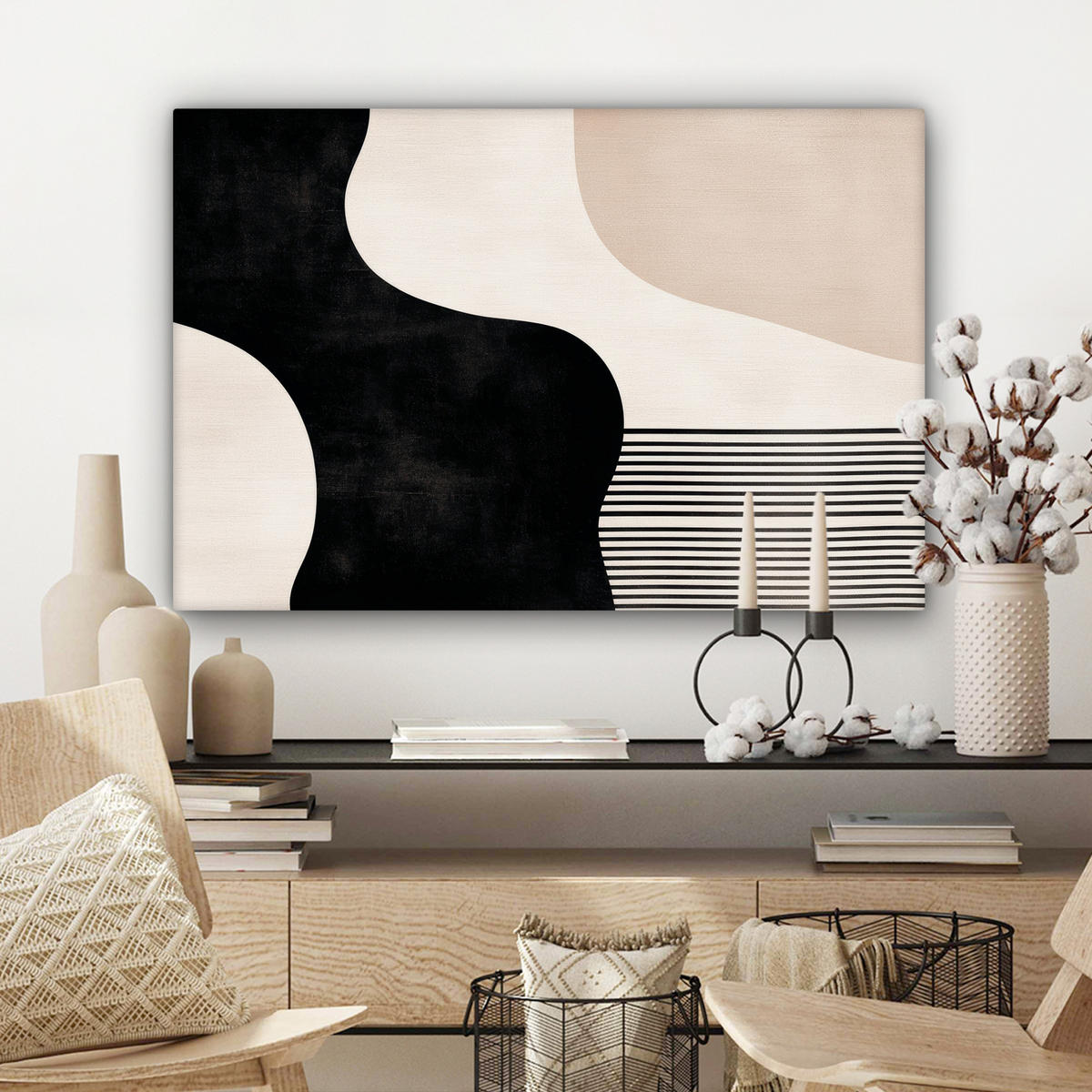 LEINWANDBILD Abstrakt - Japandi - Beige - Modern Wanddeko 90x60 cm - Schwarz, Textil (90/60cm) - MuchoWow