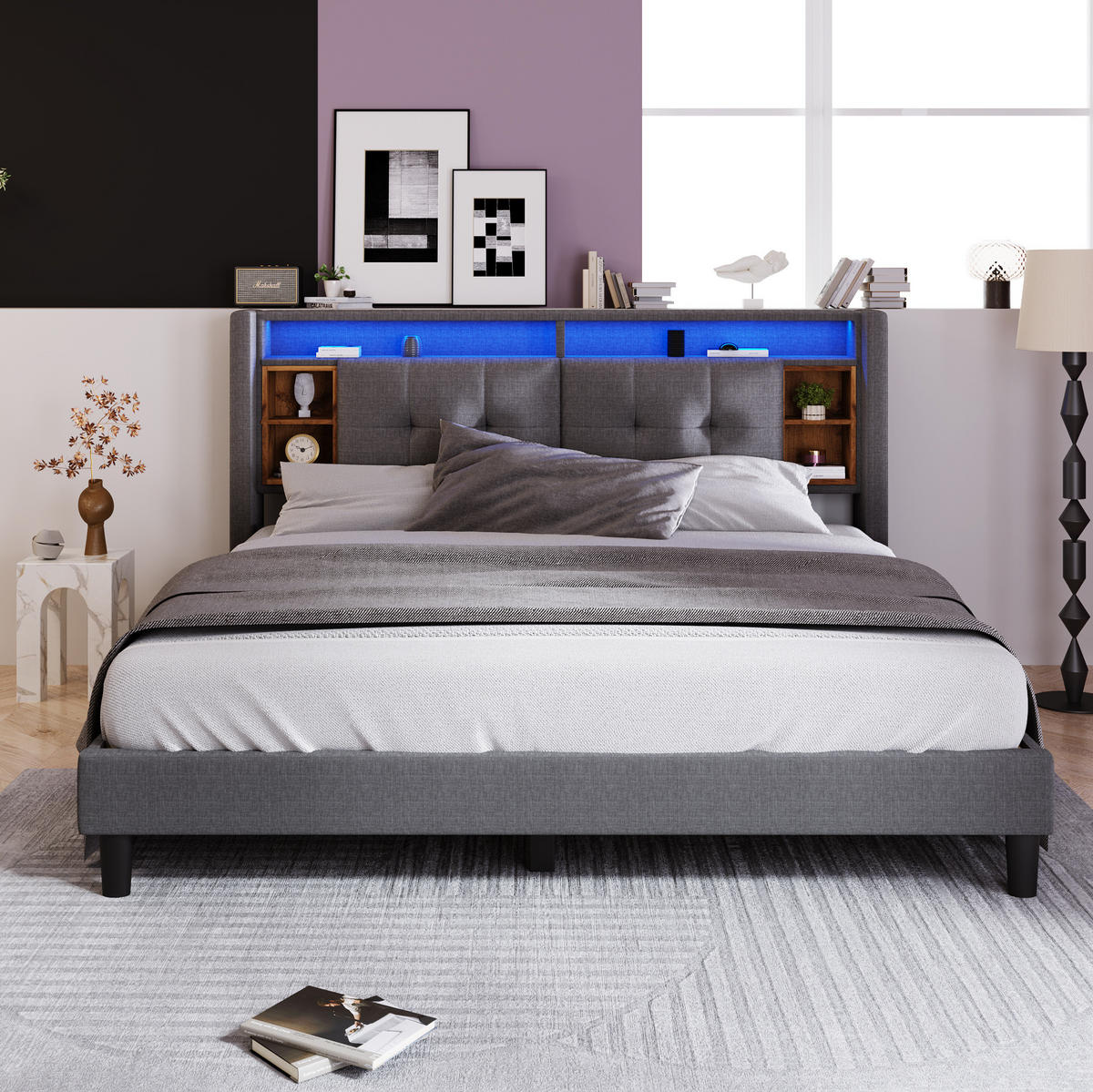 POLSTERBETT 160/200 cm Grau mit Stauraum und USB-Anschlüssen Mit Matratze - Grau, Holz (160/200cm) - OKWISH