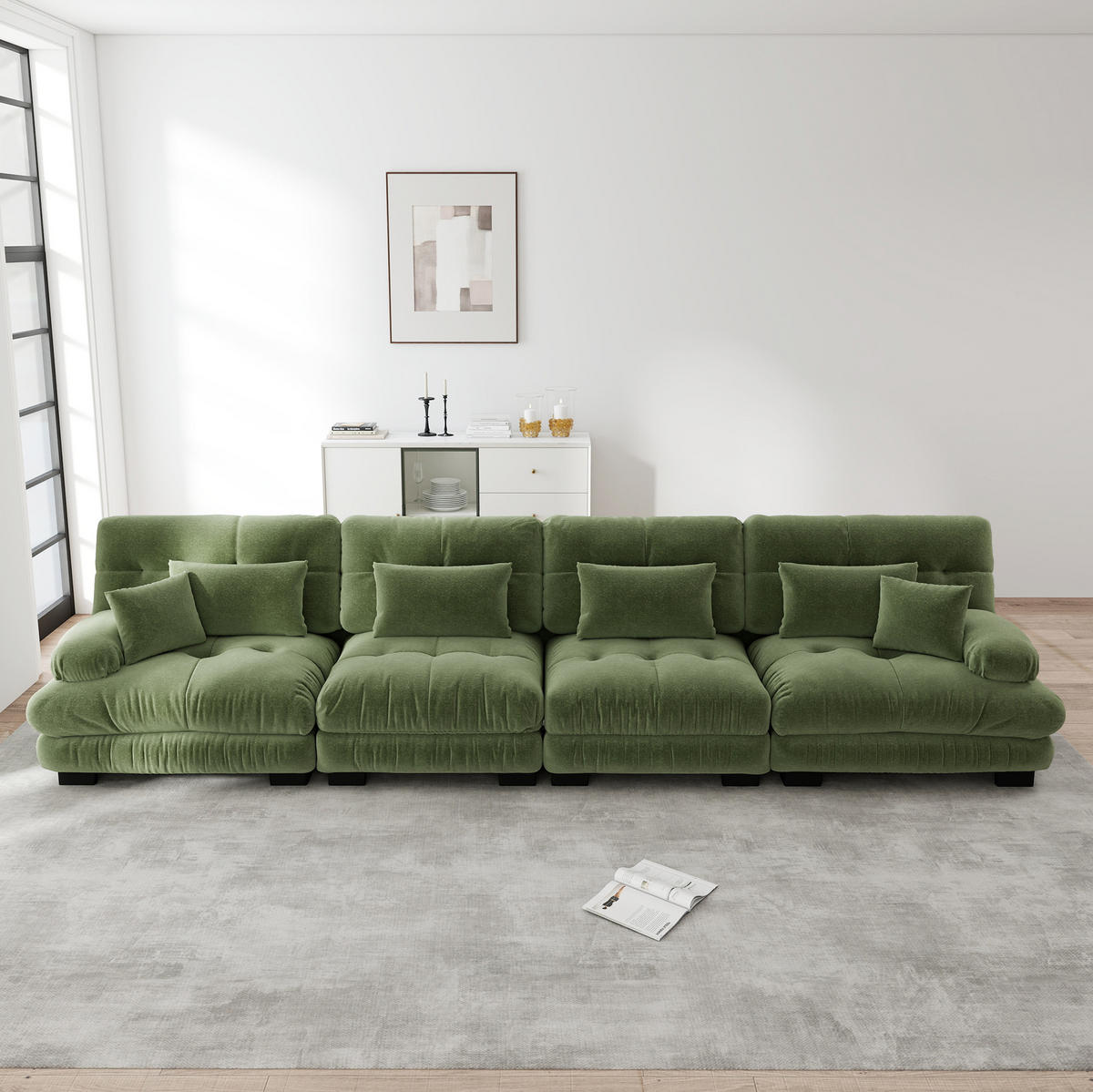 ECKSOFA 406/77/81 cm 4-Sitzer grün aus Chenille mit modularem Tiefensitz - Grün, Textil (77/406cm) - OKWISH