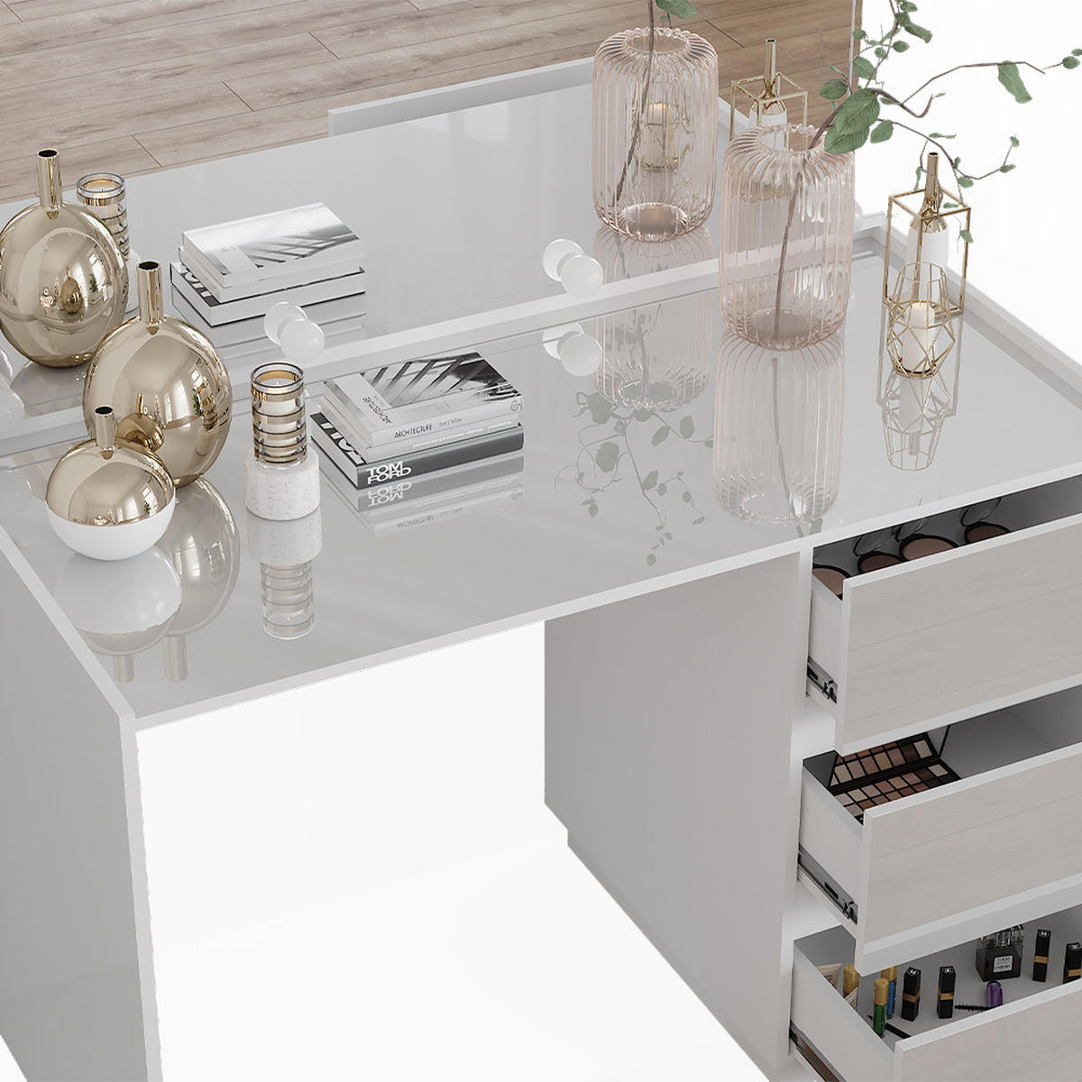 SCHMINKTISCH Marla Weiß Hochglanz 120 cm mit Spiegel, LED-Lichterkette - Weiß Hochglanz, Holzwerkstoff (120/78.6/60cm) - Vicco