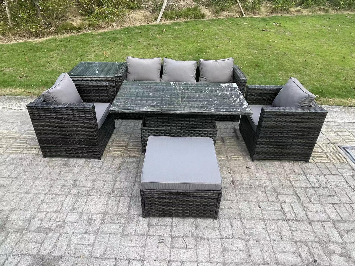 GARTENSOFA Hohe Rückenlehne Polyrattan 6-Sitzer - Dunkelgrau/Grau, Glas/Kunststoff - Fimous
