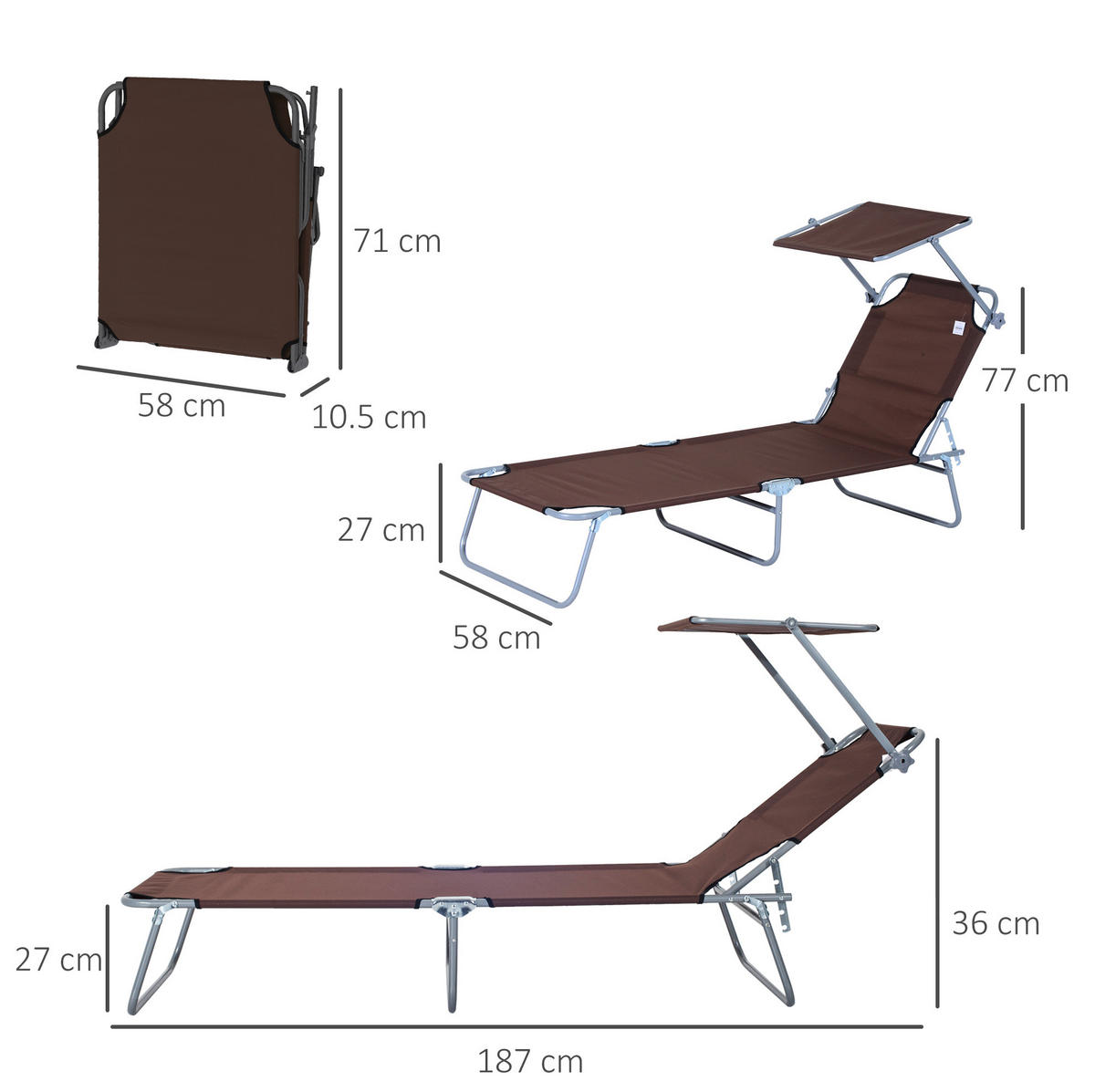 ZAHRADNÍ lehátko z kovu 187x58x36 cm hnědé s nastavitelnou sluneční stříškou, skládací a lehké - hnědá, kov (58/36/187cm) - Modfu