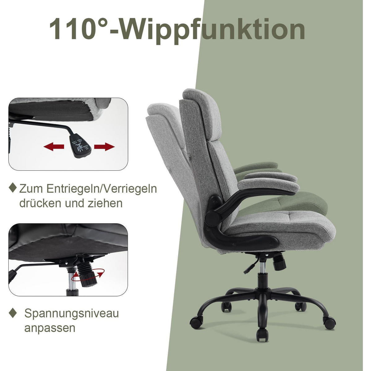 BÜROSTUHL Stoff Grau mit hoher Rückenlehne und hochklappbaren Armlehnen - Grau, Textil (68/113/70cm)