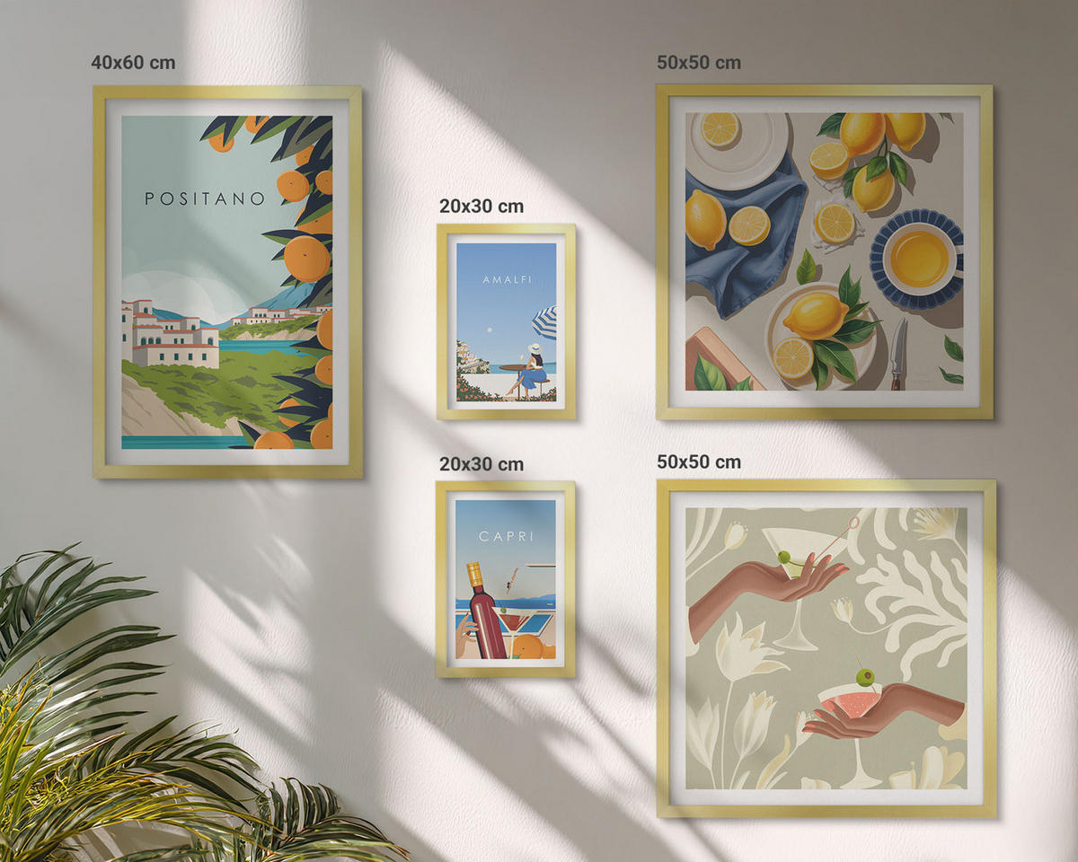 BILDER SET 5er Set - 50x50 cm & 20x30 cm & 40x60 cm Goldrahmen - Fruchtmuster und italienische Kultur - Goldfarben, Kunststoff (40/60cm) - TULUP