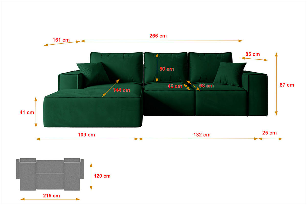 ECKSOFA mit Schlaffunktion und Bettkasten SERRA-L-S - 266x161x87 cm Grün Velours - Schwarz/Grün, Holzwerkstoff/Kunststoff (266/161cm) - ALTDECOR