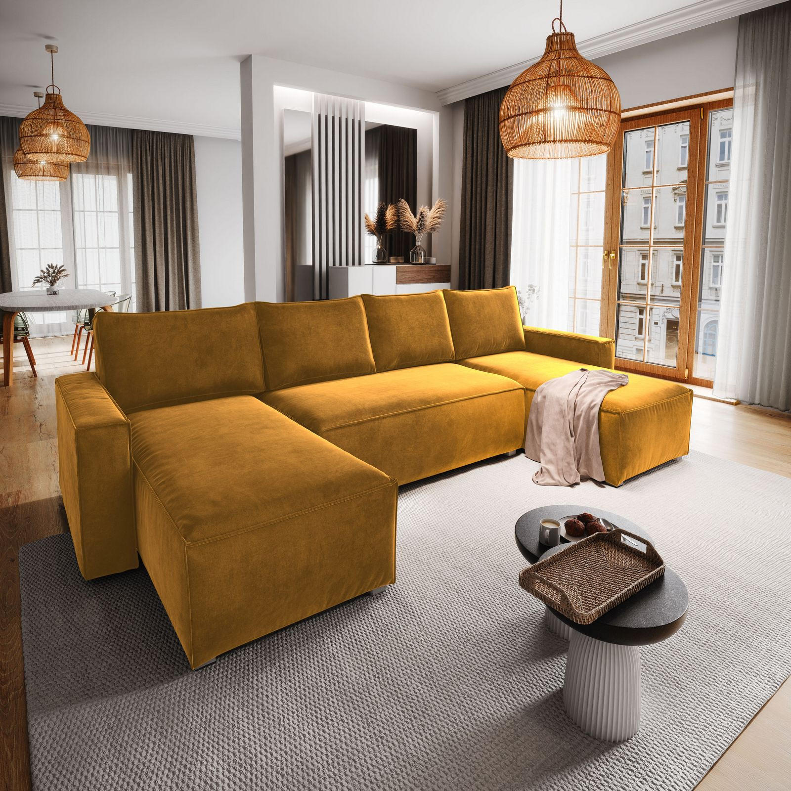 WOHNLANDSCHAFT DENI Gelb Velours-Stoff mit Schlaffunktion - Gelb, Holz (295/85/140cm) - MASSENO