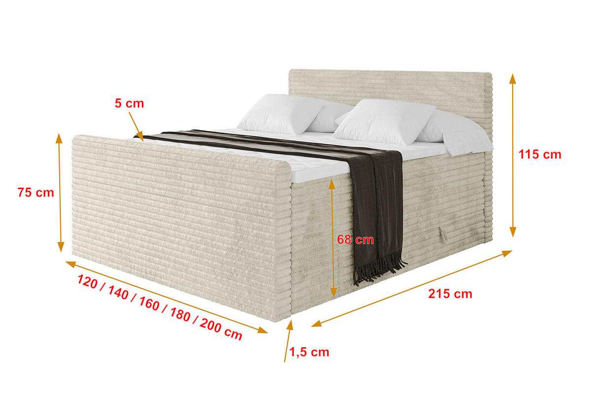 BOXSPRINGBETT mit Matratze H3|H4 und Lattenrost - TOLO-Z KING-v1 180x200 Cord - Creme - Champagner, Holzwerkstoff (180/200cm)