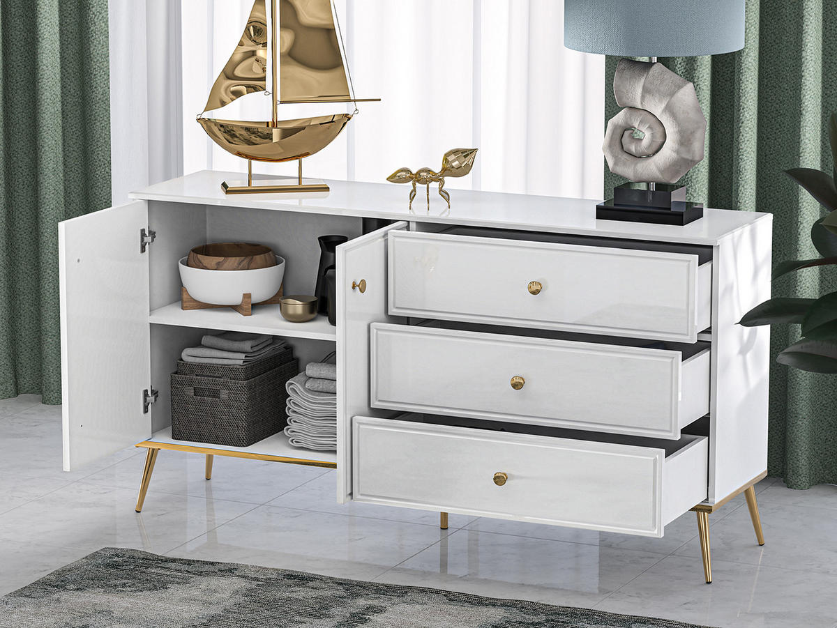 SIDEBOARD Goldin weiß / weiß hochglanz / gold 160 / 40 / 85cm - Weiß Hochglanz/Weiß, Holz/Holzwerkstoff (160/85/40cm) - Feldmann-Wohnen