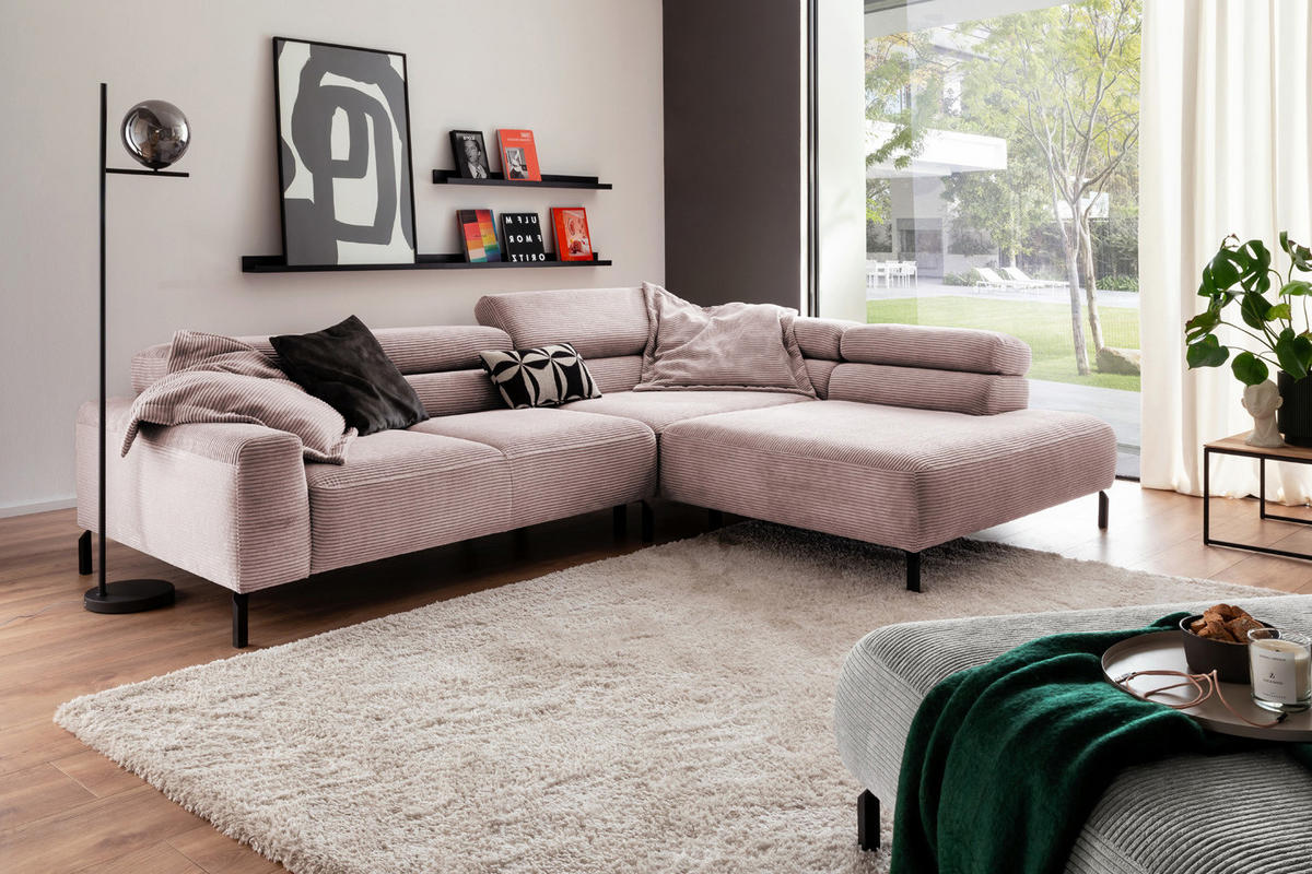 ECKSOFA MIT MOTORISCHEM SITZVORZUG DELIA Pink Cord - Pink/Schwarz, Textil/Metall (312/219cm) - KAWOLA
