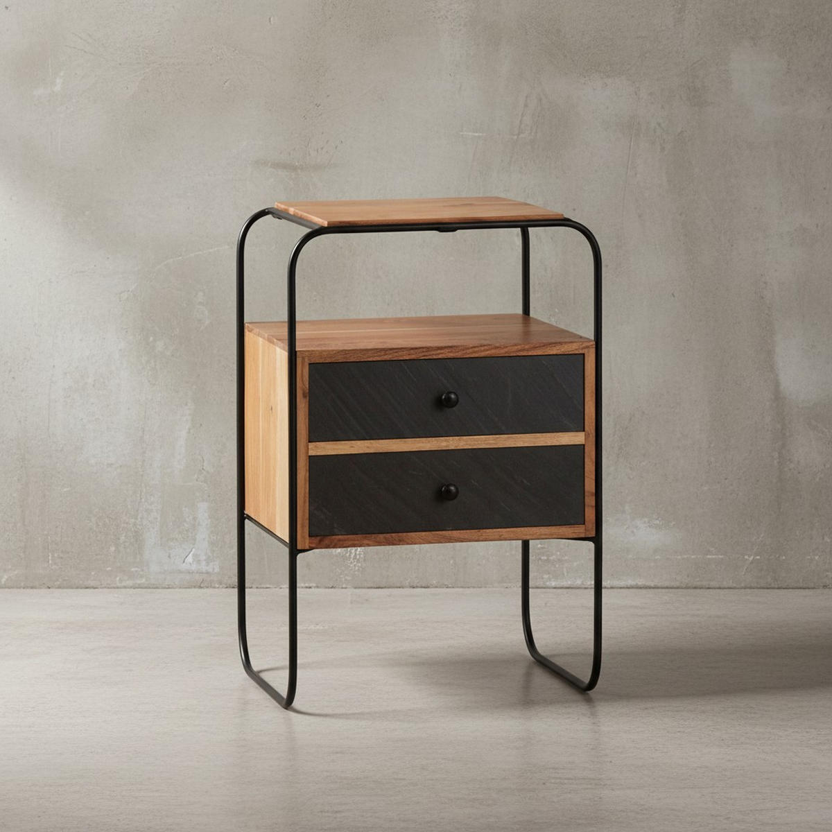 NACHTTISCH Massivholz Steinoptik 2 Schubladen Ablage Metallgestell, Akazie 40x30x60 cm - Schwarz/Akaziefarben, Holz/Metall (40/60/30cm) - KADIMA DESIGN