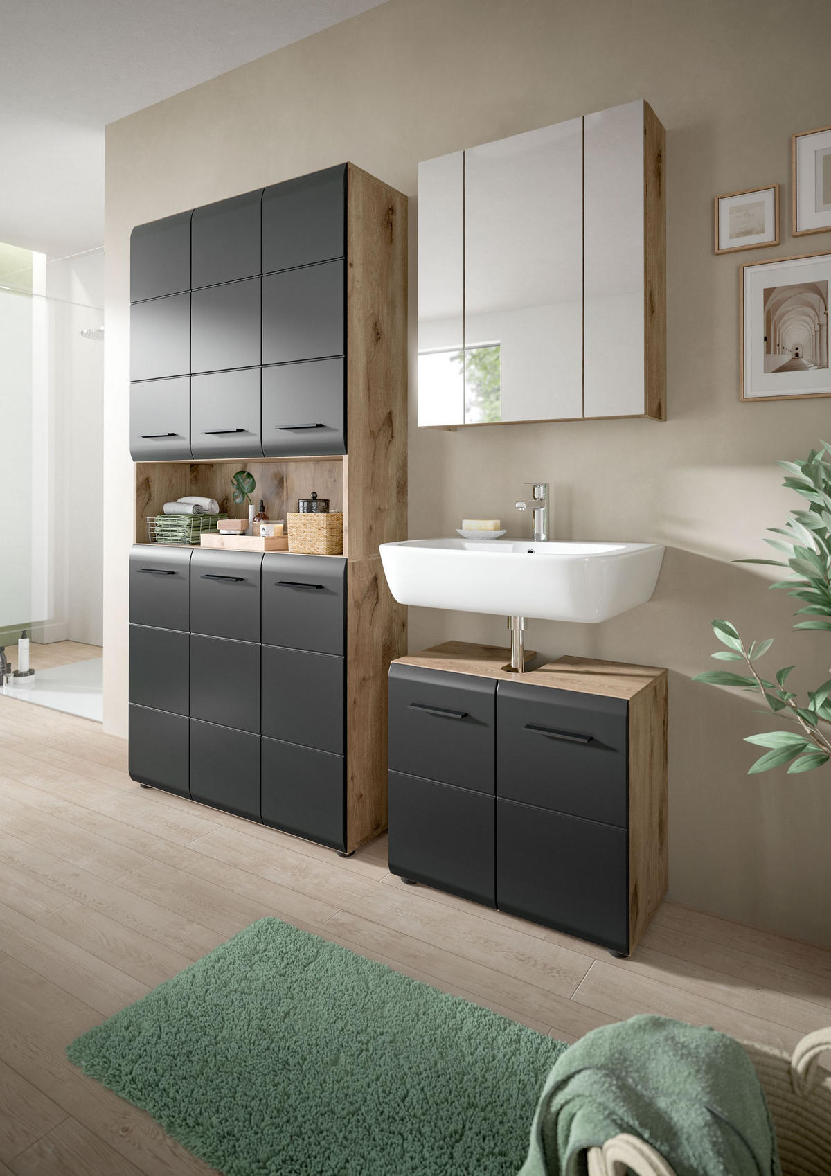 MEHRZWECKSCHRANK ICE (B/H/T: ca. 90/185/30 cm) in Nox Oak Nachbildung/schwarz matt - Eichefarben, Holzwerkstoff (90/185/30cm)
