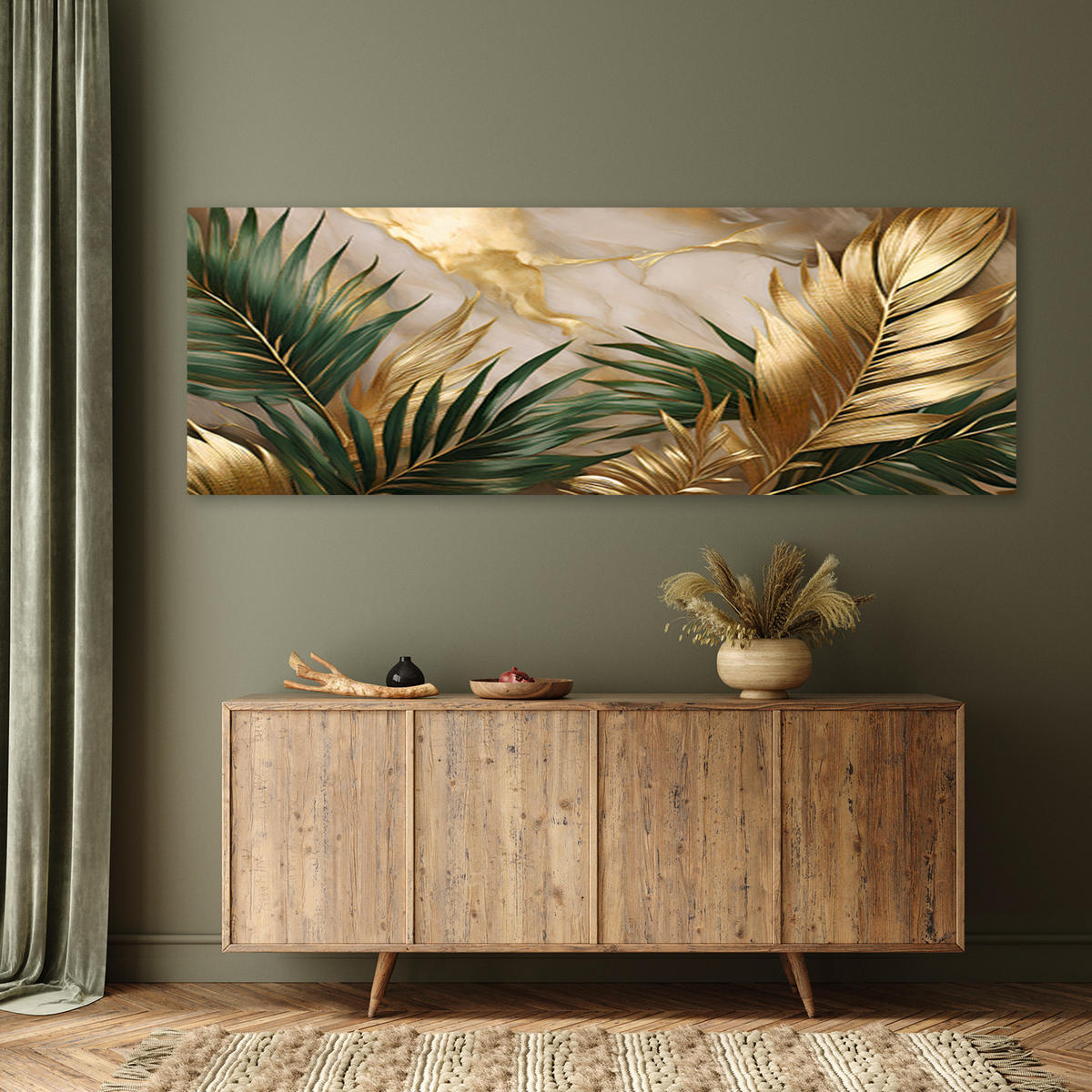 WANDBILD palmblätter auf goldenem marmorhintergrund - Goldfarben, Textil (90/30cm) - Feeby