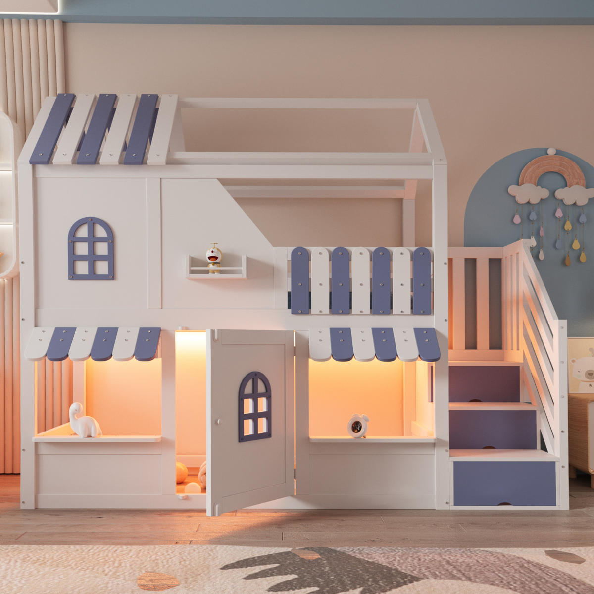 ETAGENBETT 90/200 cm mit LED, Stauraumleiter und Regalen im Hausdesign, Weiß/Blau - Weiß, Holzwerkstoff (90/200cm) - Redom