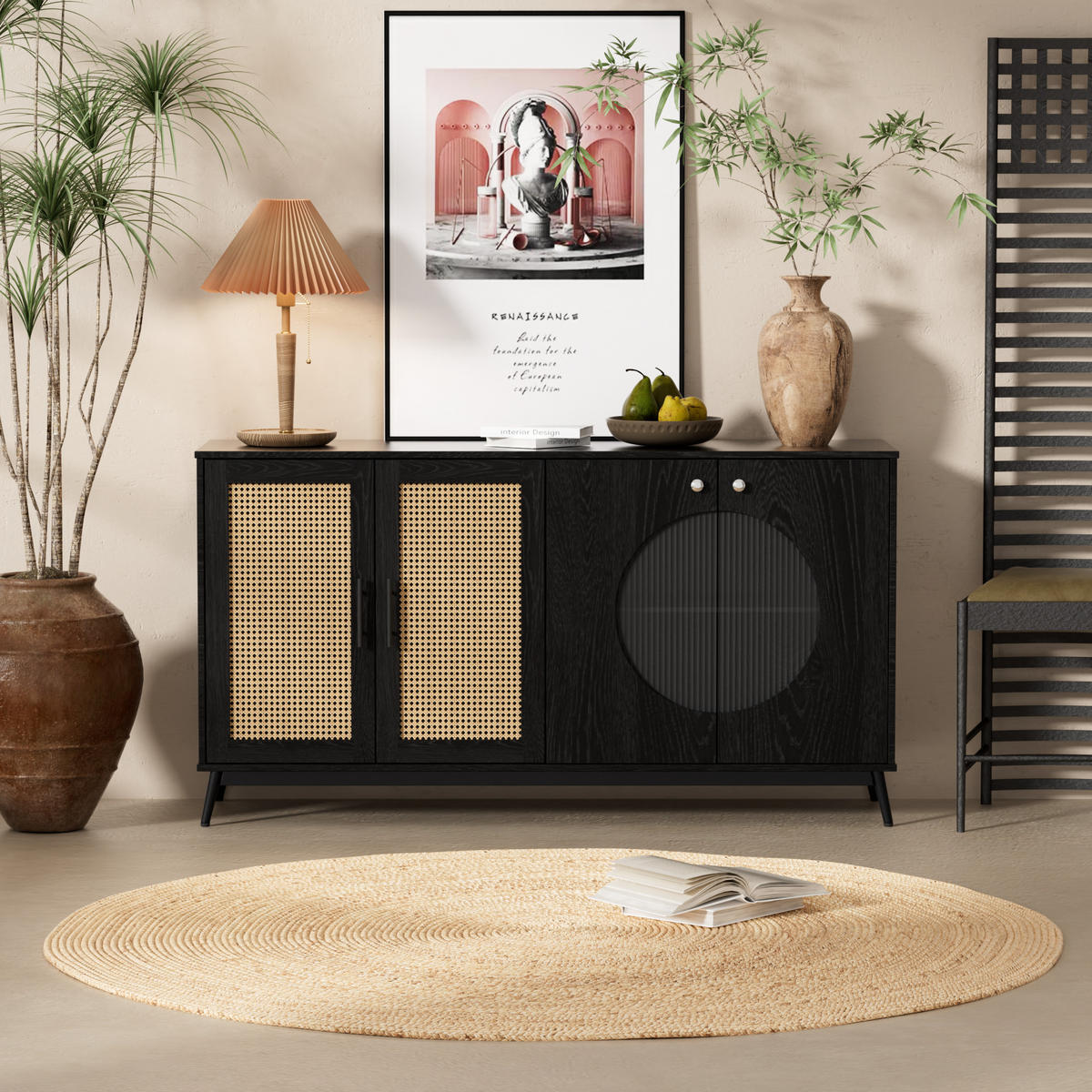 SIDEBOARD mit Rattan-Elementen und Schiebetüren, 150/40/80 cm - Schwarz, Holzwerkstoff (150/80/40cm) - Urban Meuble