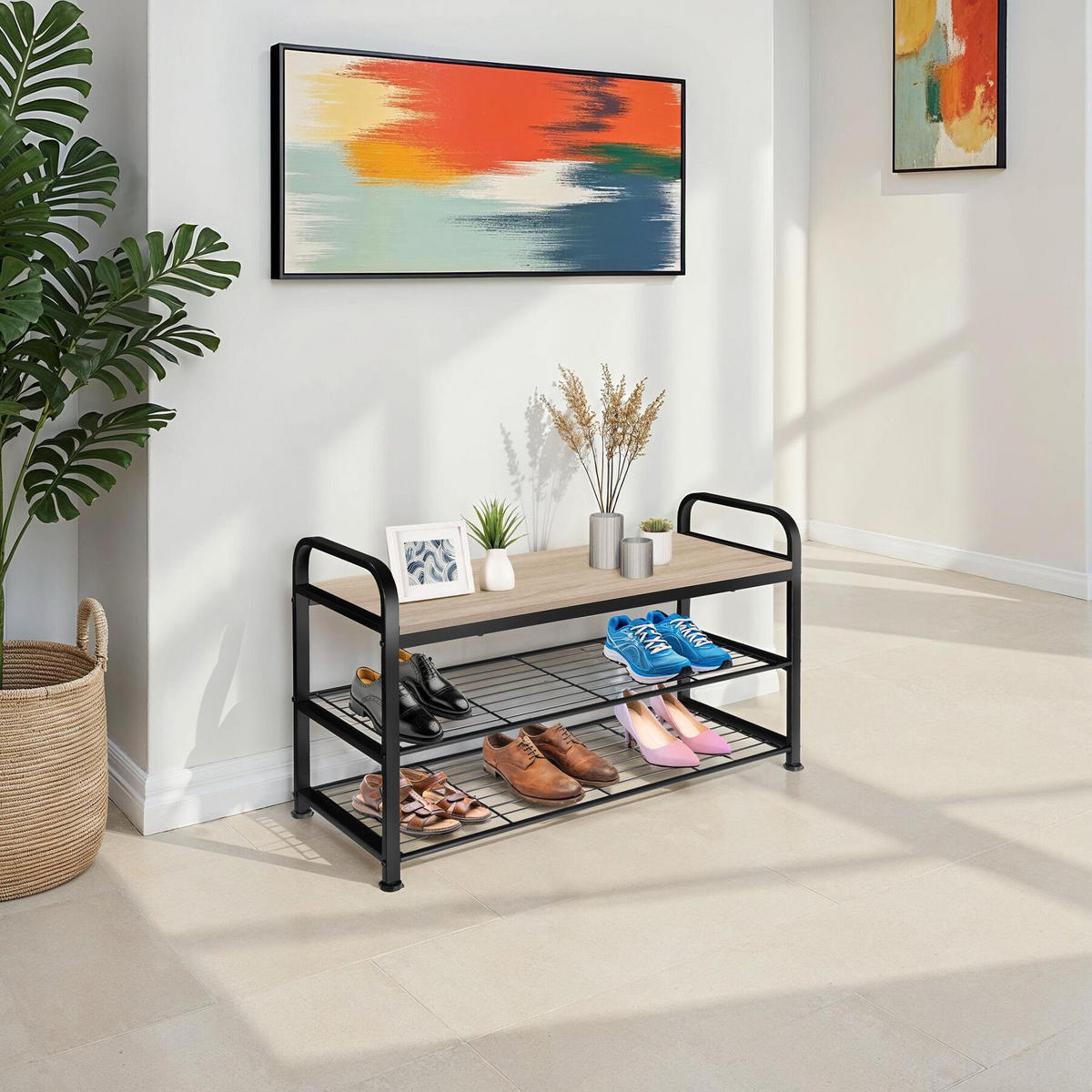 SCHUHREGAL Southampton,91 x 36 x 55 cm,Industrial Holz hell, Eiche Sonoma - Naturfarben, Metall (36/55/91cm) - tectake