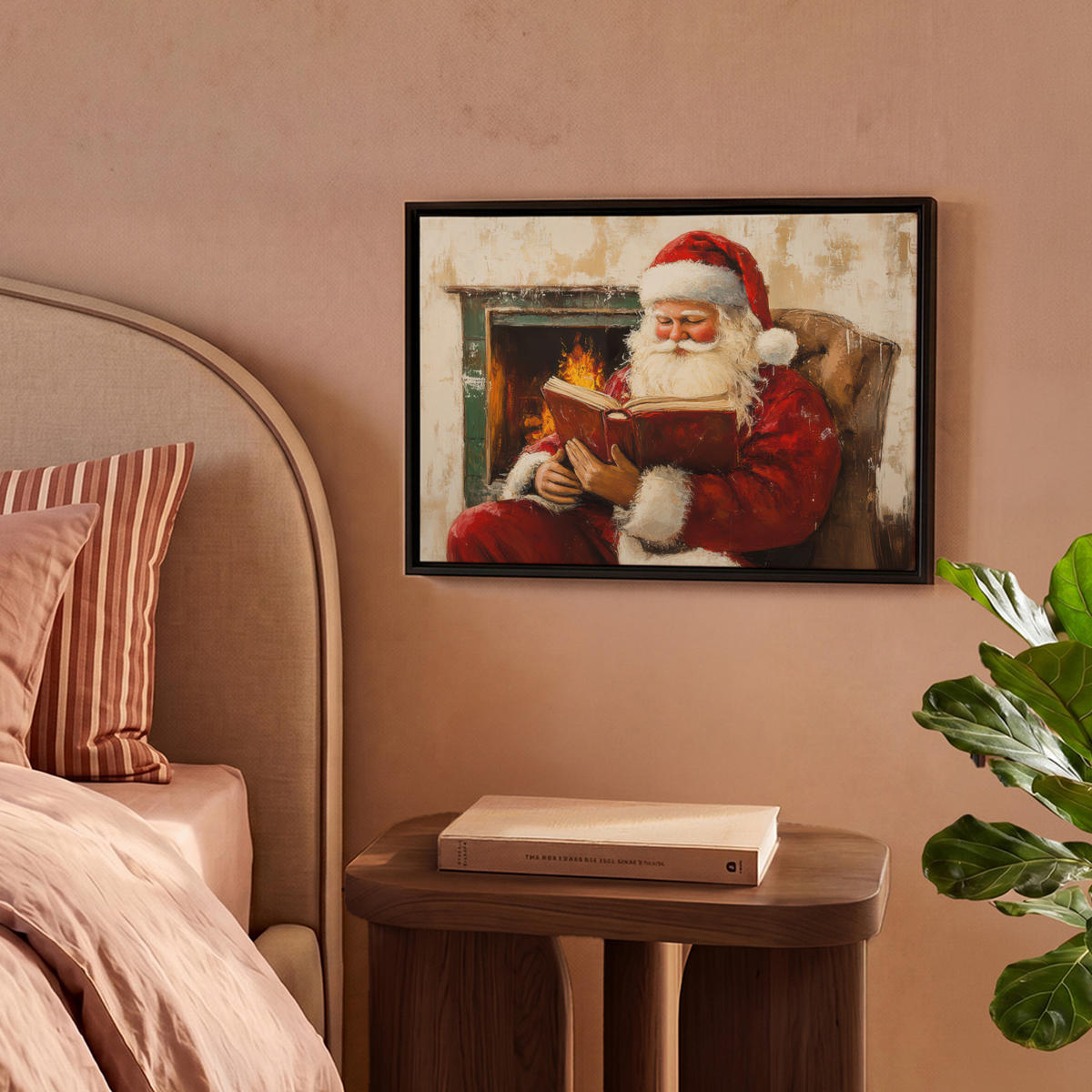 LEINWAND Bilder mit Rahmen - Weihnachten - Weihnachtsmann - Winter - Open Fireside - 40x30 - Dunkelrot, Textil (40/30cm) - MuchoWow