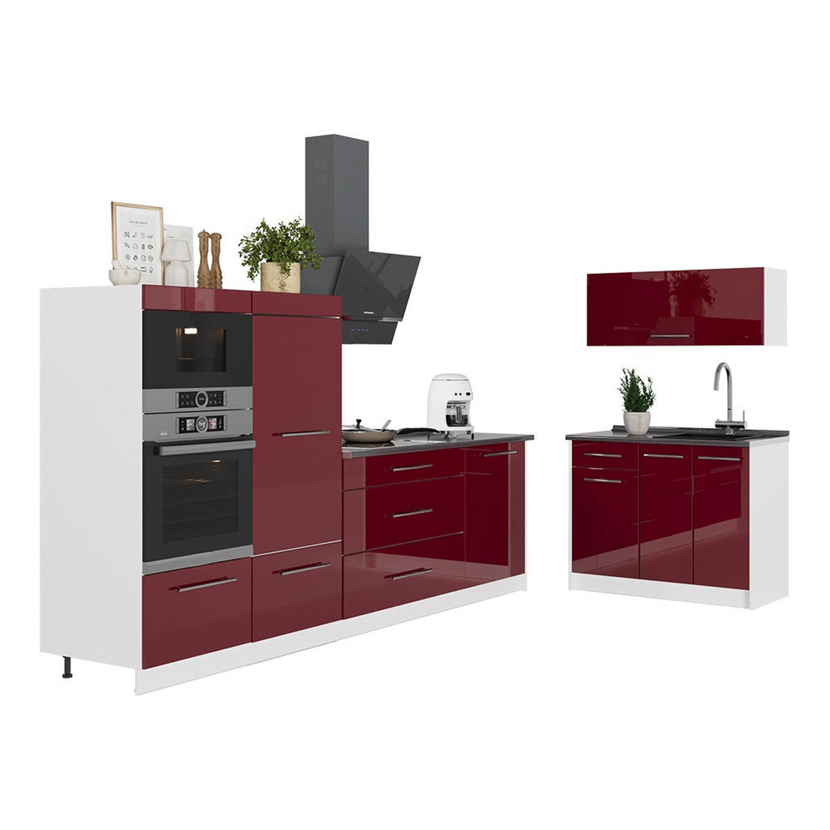 KUHINJA Fame-Line, Bordo rdeča barva visokega sijaja/Bela, 380 cm brez delovne plošče - bela/bordo, leseni material (380/153.6/51.6cm) - Vicco
