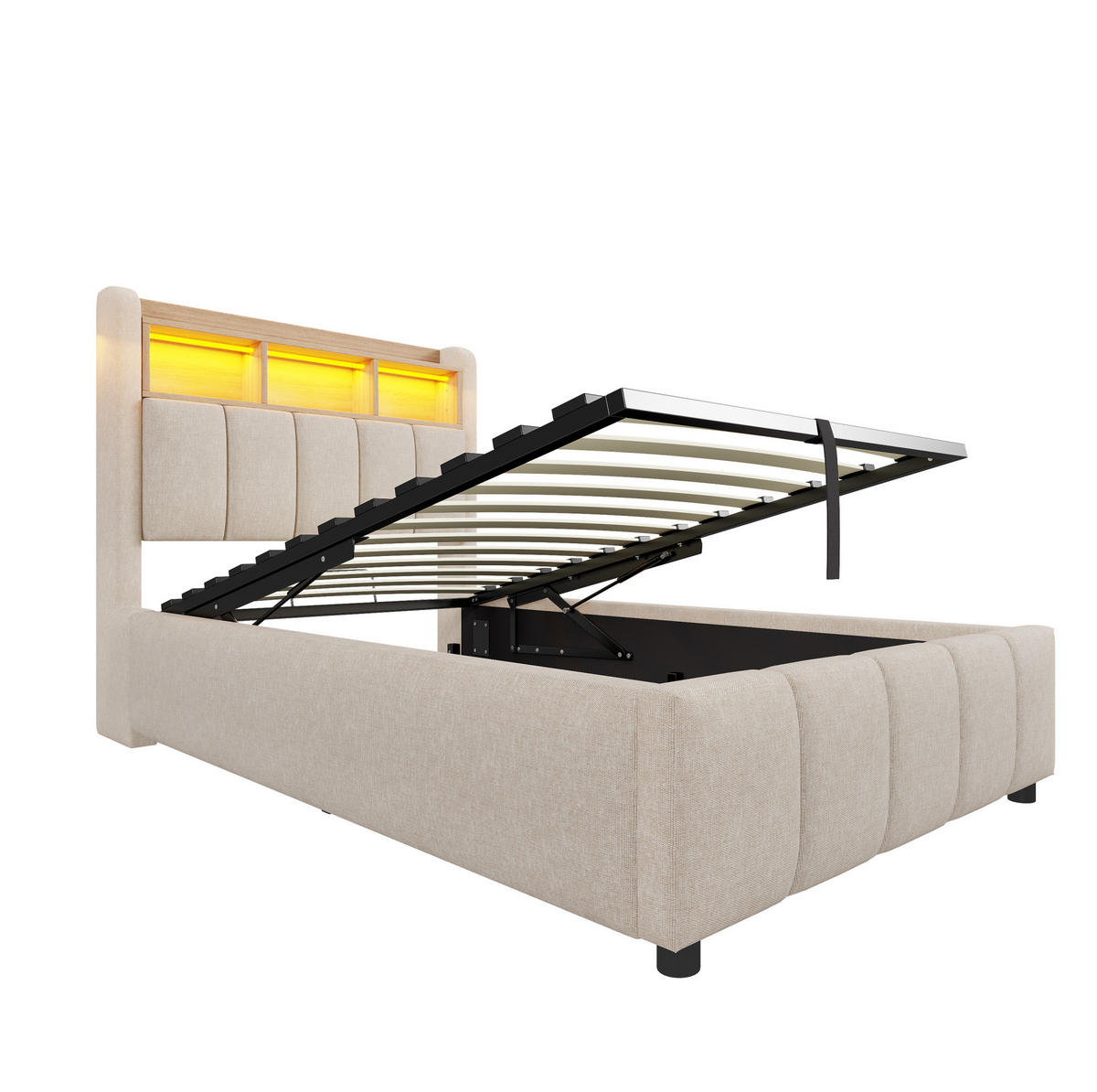 POLSTERBETT 90/200 cm Beige mit LED-Beleuchtung, Stauraum und USB-/Type-C-Anschlüssen - Beige, Textil (90/200cm) - Flora Grace
