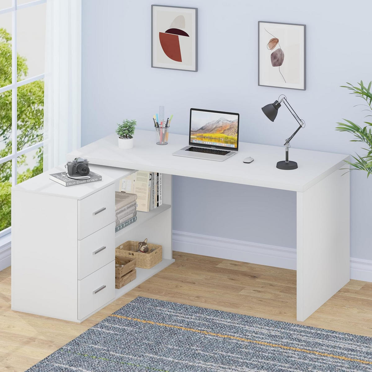 SCHREIBTISCH drehbar mit Schubladen 140 x 50 x 76 cm - Weiß, Holzwerkstoff/Metall (50/140/76cm) - Quality Elegance