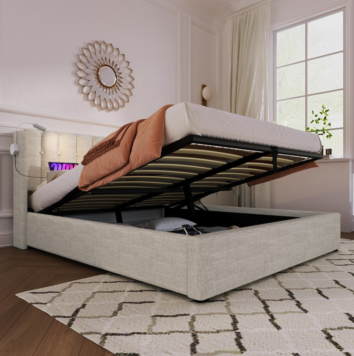 BETT mit Bettkasten, USB und Leselicht 160x200 cm Leinen Natural - Beige, Metall (160/200cm) - Meubliv