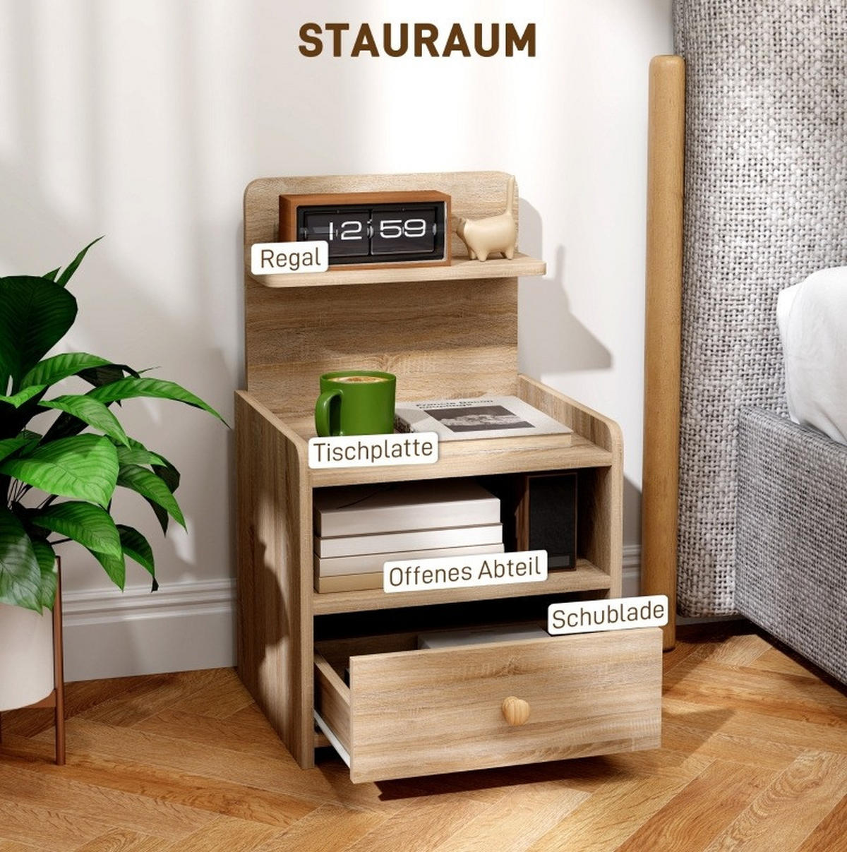 NACHTTISCH 40/35/66 cm mit Schublade & offenem Fach in Eichenoptik - Naturfarben, Holz (40/66/35cm) - BEAOK