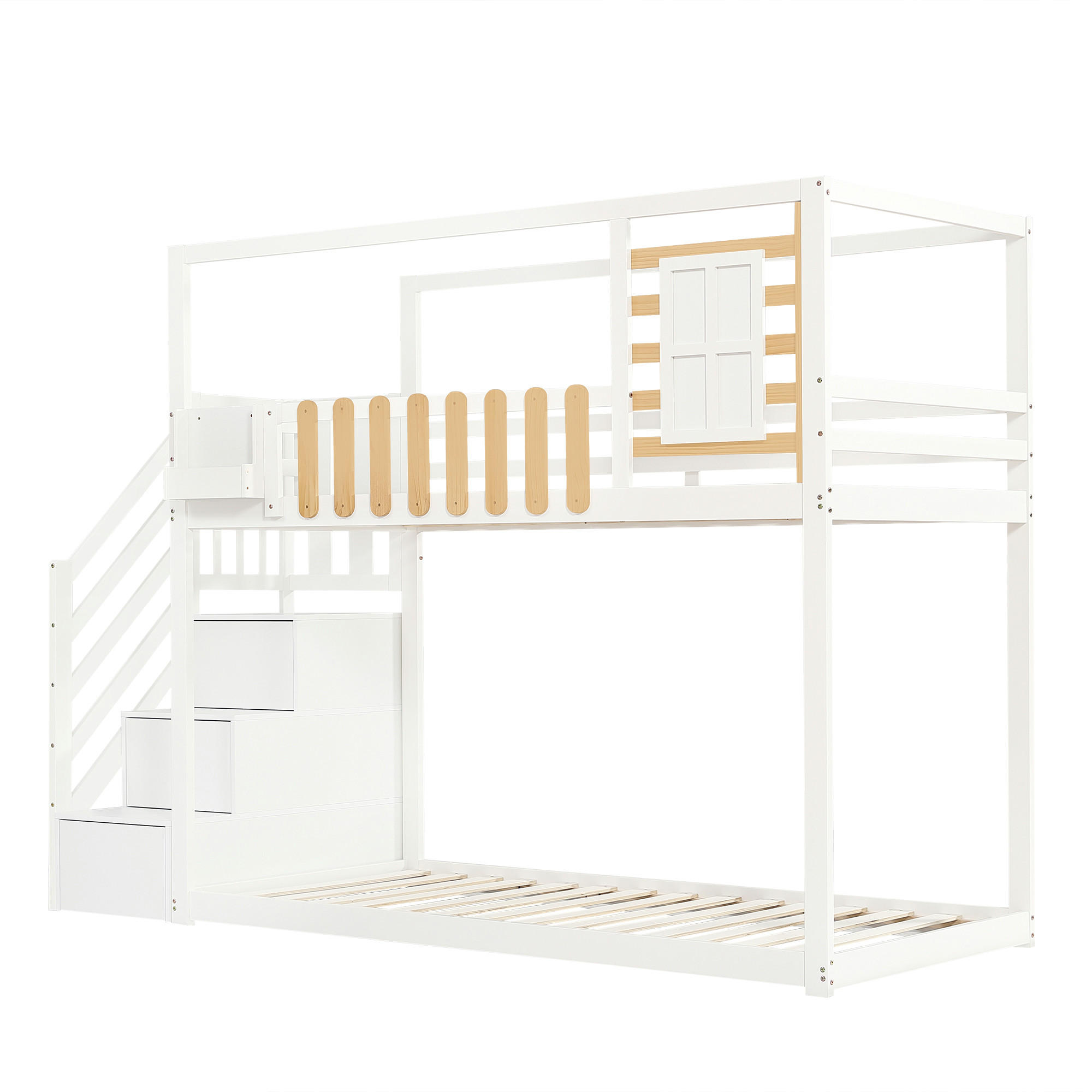 ETAGENBETT mit Treppe Weiß - Naturfarben, Holz (90/200cm) - ComfortXL