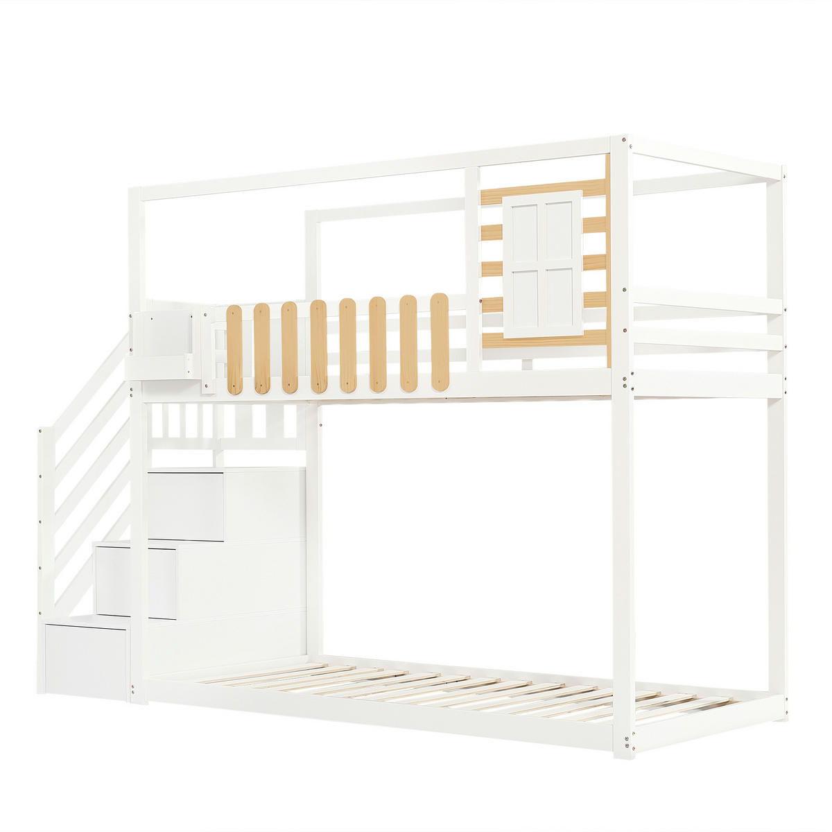 ETAGENBETT mit Treppe Weiß - Naturfarben, Holz (90/200cm) - ComfortXL