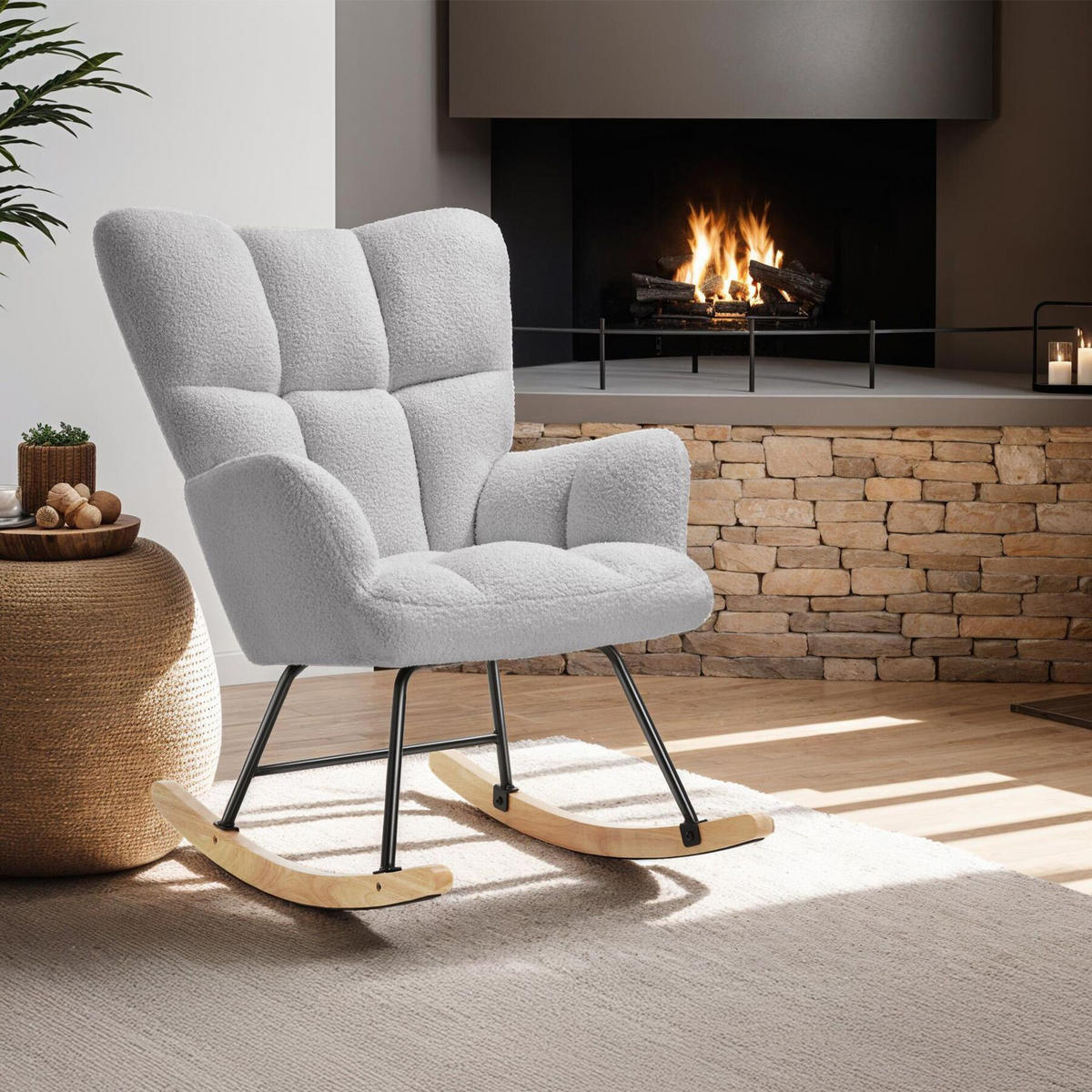 SCHAUKELSTUHL Torve,68 x 96 x 97 cm, Belastbarkeit 120 kg,Bouclé hellgrau - Hellgrau, Kunststoff (70/97/96cm) - tectake