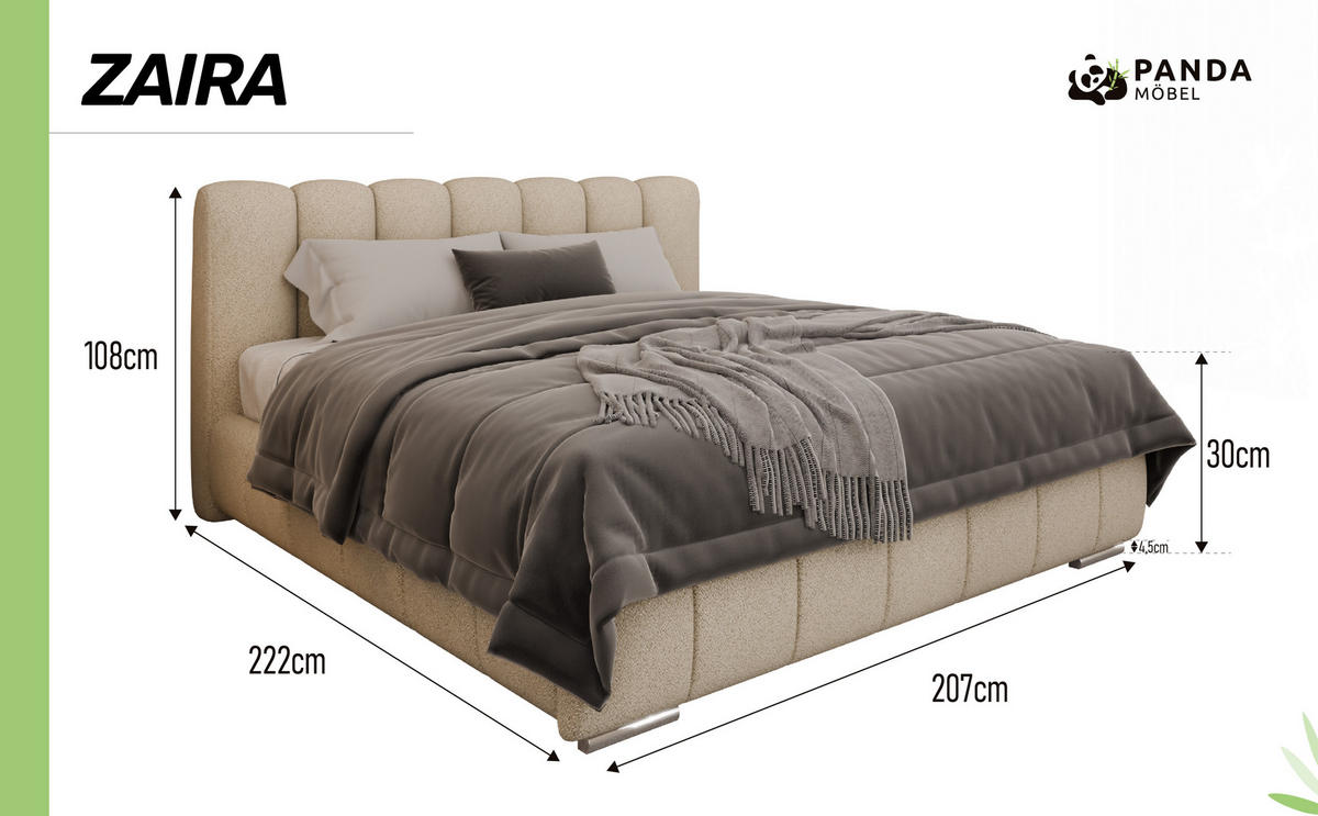 POLSTERBETT Zaira 180x200cm – Elegantes Polsterbett für modernen Wohnstil , ZONIERTE MULTI-TASCHEN-FEDERKERN (24cm), beige - Beige, Holz (180/200cm) - Panda Möbel