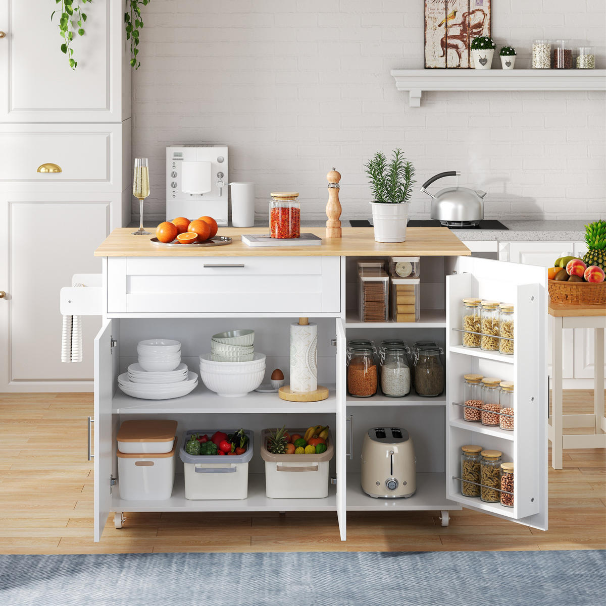 KÜCHENINSEL 132,5/44(70)/90 cm aus MDF mit klappbarer Arbeitsplatte Weiß/Naturfarben - Weiß, Holzwerkstoff (132.5/90/70cm) - Modenvie