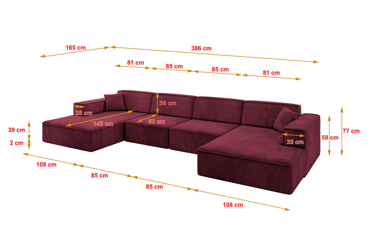 WOHNLANDSCHAFT IREA-U2-v4 - 386x165x77 cm Bordeauxrot - Bordeaux, Holzwerkstoff/Textil (386/77/165cm) - ALTDECOR