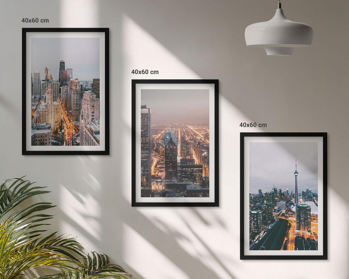 WANDBILDER 3er-Set - 40x60 cm Schwarzer Rahmen - Städte bei Nacht, Wolkenkratzer, Lichter - Schwarz, Kunststoff (40/60cm) - ArtPrintCave