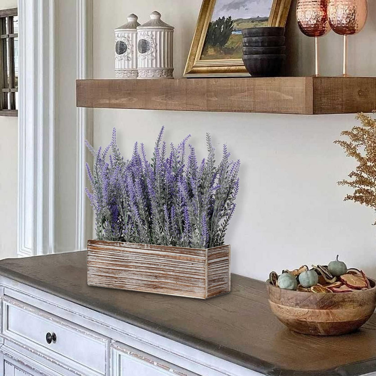 KUNSTPFLANZE Lavendel im Holztopf Landhaus-Stil - Flieder, Holz (20cm)