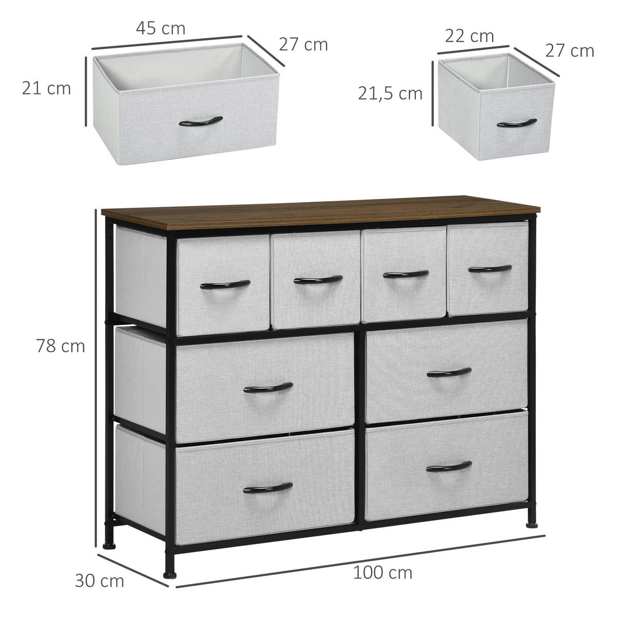 KOMMODE Schwarz 100/30/78 cm 8 Schubladen - Grau, Textil (100/78/30cm) - PANGIVO