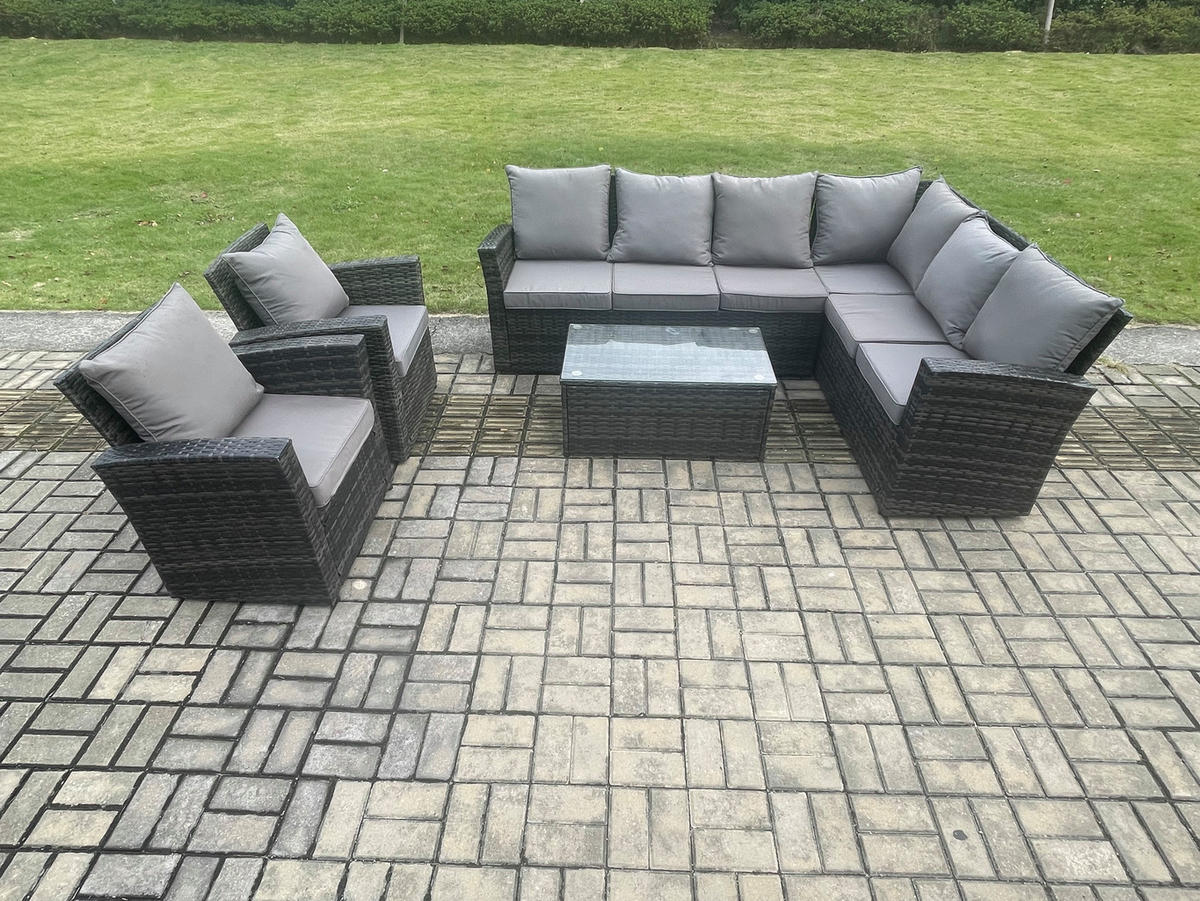 LOUNGEMÖBEL-SETS mit Couchtisch Sofa Polyrattan Dunkelgrau 8-Sitzer - Dunkelgrau/Grau, Glas/Kunststoff - Fimous