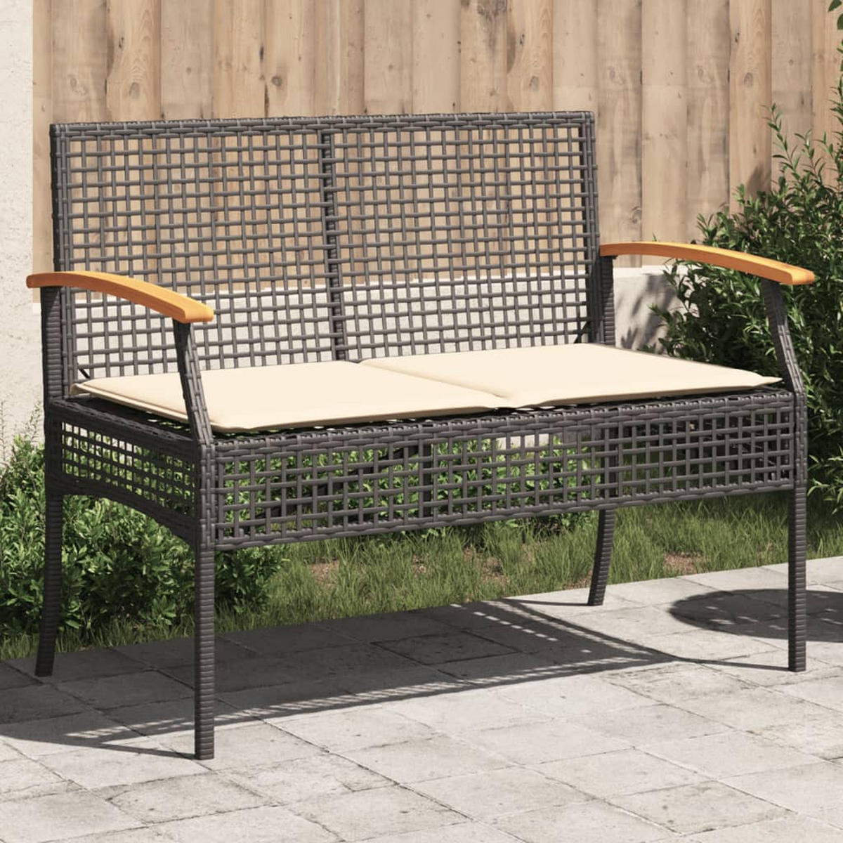 GARTENBANK mit Kissen Schwarz Poly Rattan Akazienholz - Schwarz, Kunststoff (108/85/57cm) - furnicato