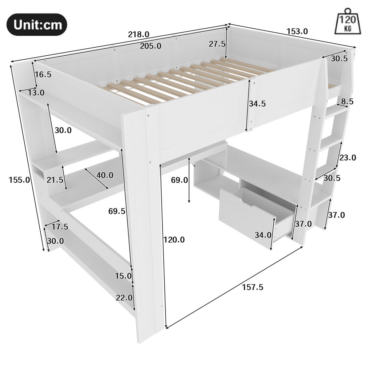 HOCHBETT 140/200 cm weiß Gaming Bett mit Schreibtisch und LED-Beleuchtung - Weiß, Holz (140/200cm) - OKWISH