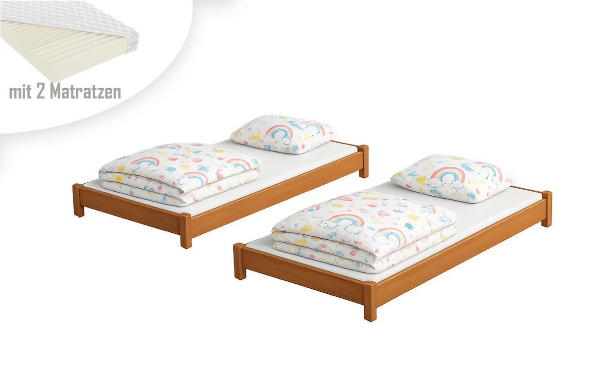 STAPELBETTEN 2-er Set Sendi 200x90 teak mit Matratzen - Braun, Holzwerkstoff - LUKDOM