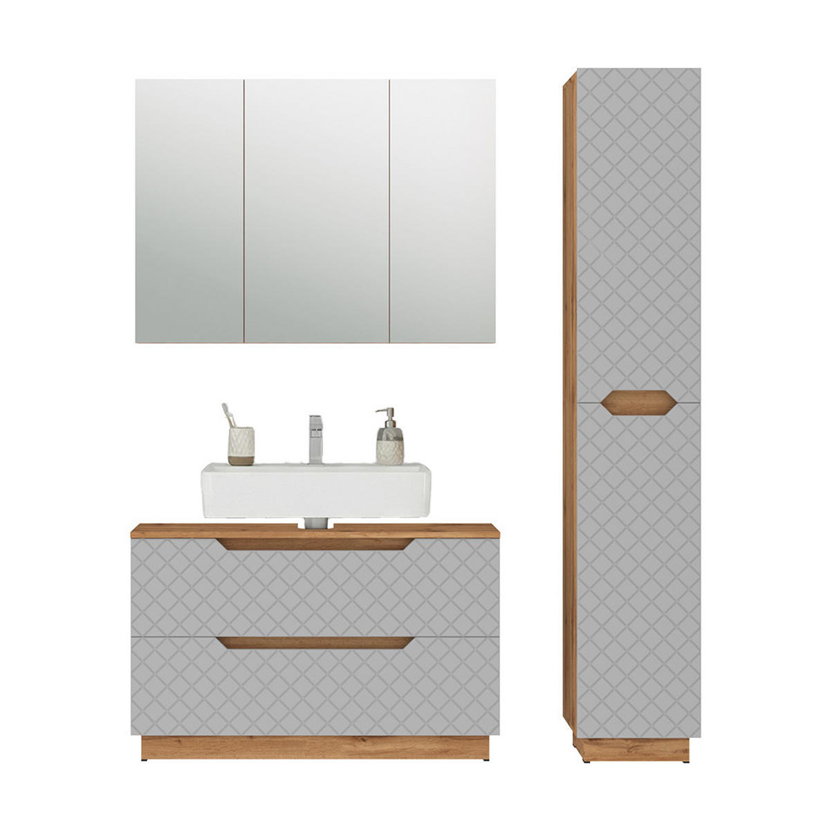 BADMÖBEL-SET Lotta Eiche/Grau mit Kachelstruktur 3 Teile - Eichefarben/Grau, Holzwerkstoff (99.4/62.5/32cm) - Vicco