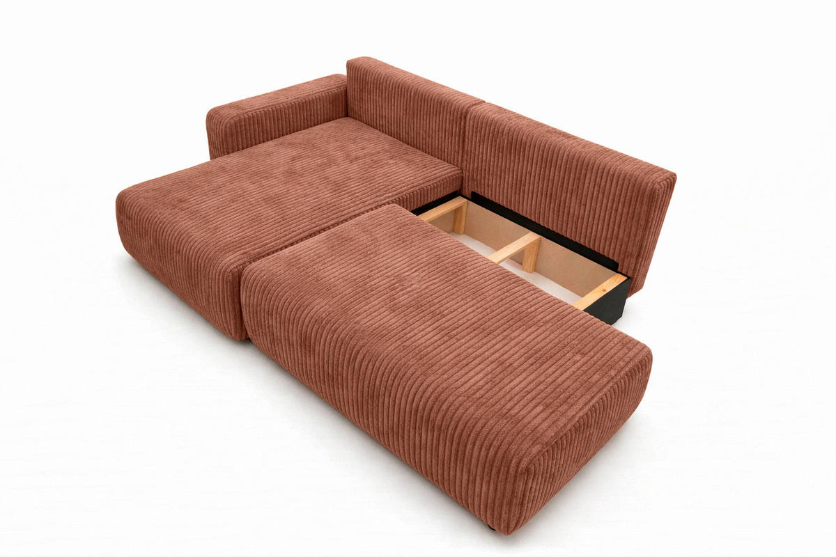ECKSOFA Mit Schlaffunktion Und Bettkasten, Cordstoff Tilia, Kupfer, Links, OPEN XL - Orange, Holz (262/145cm) - Kaiser Möbel