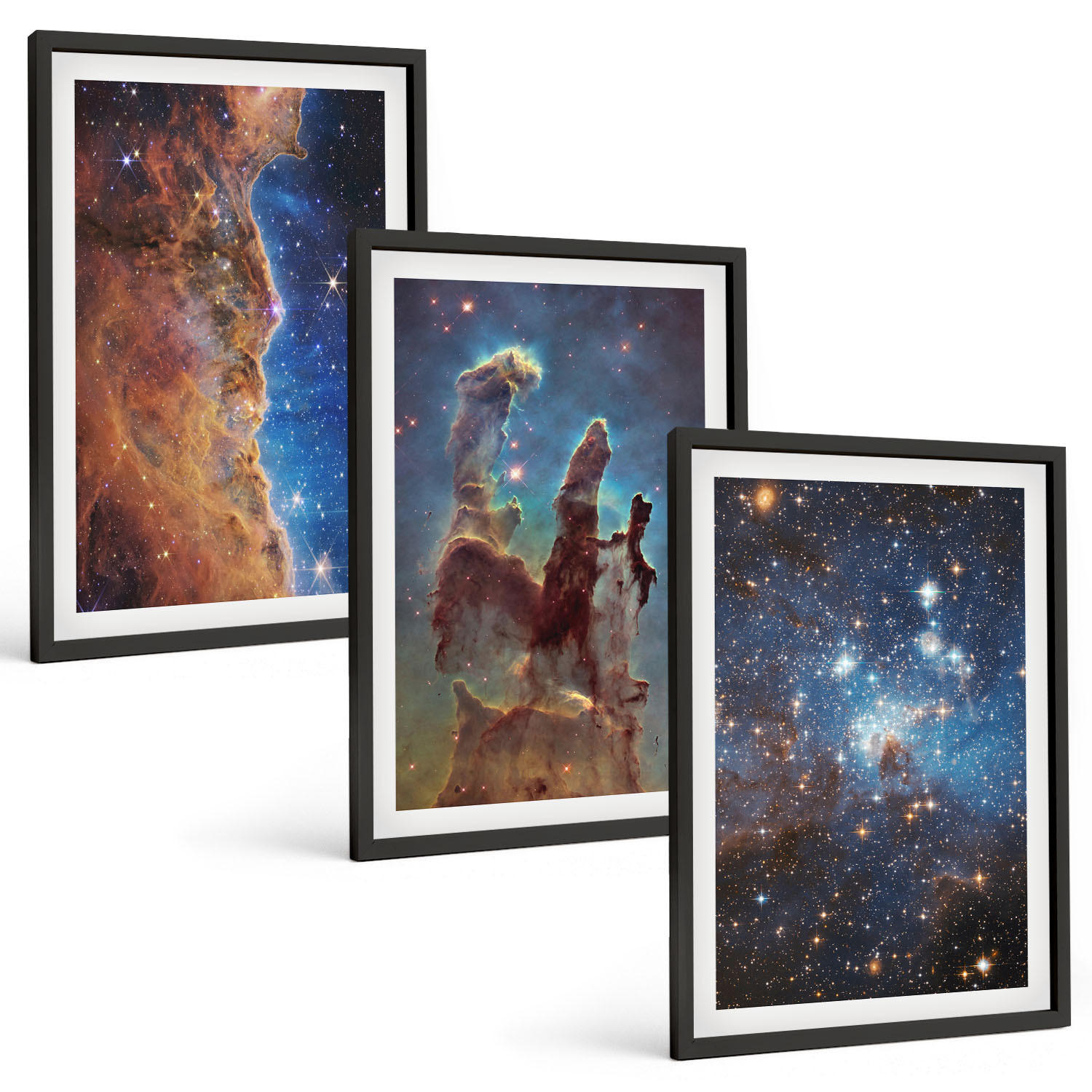 BILDER SET 3er Set - 40x60 cm Schwarzer Rahmen - Weltraumlandschaften von Galaxien - Schwarz, Kunststoff (40/60cm) - TULUP
