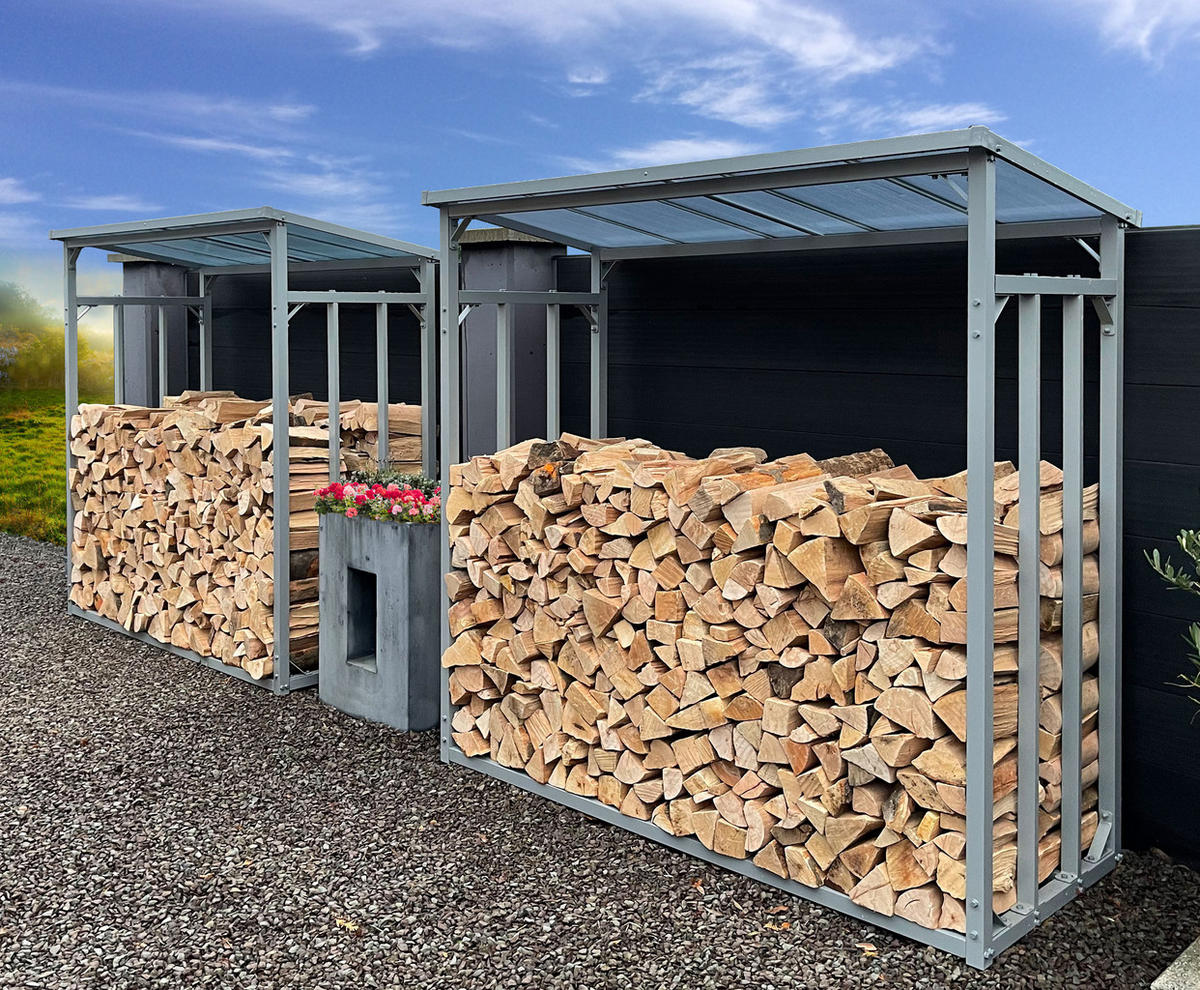 KAMINHOLZREGAL Außen Pro 130/70/185 cm Aluminium Grau mit Wetterschutz Transparent 1,6 m³ / 2,5 SRM - Transparent/Grau, Metall (130/185/70cm) - QUICK STAR