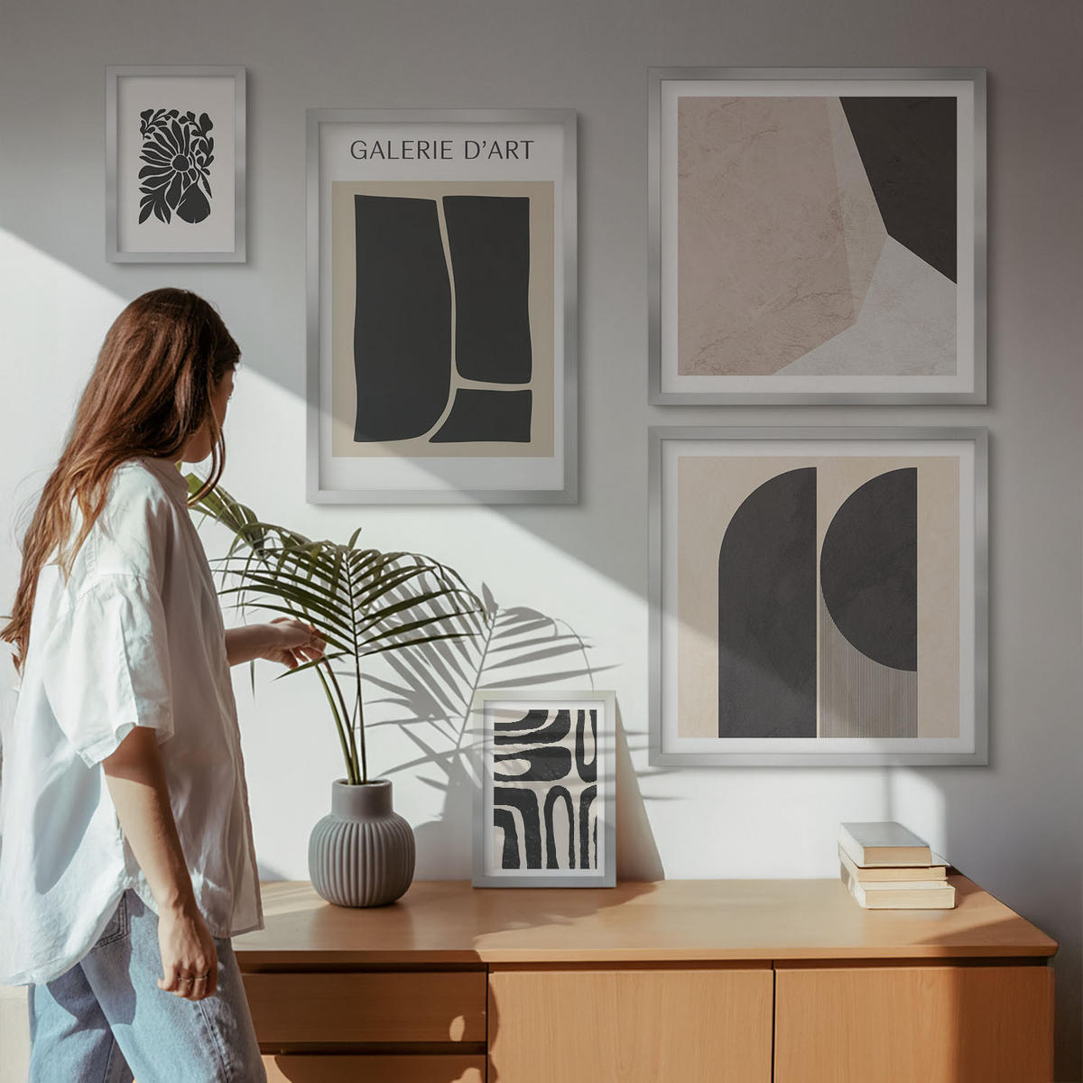 WANDBILDER 5er Set - 50x50 cm & 20x30 cm & 40x60 cm Silberner Rahmen - Abstrakte minimalistische Poster - Silberfarben, Kunststoff (40/60cm) - ArtPrintCave
