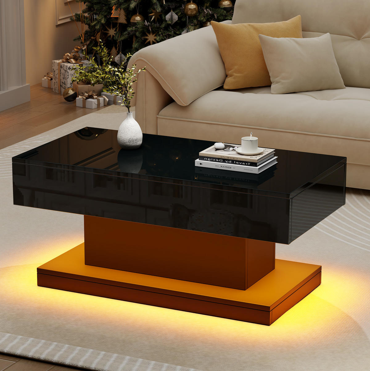 COUCHTISCH aus Spanplatte 100x50x45 cm Schwarz mit 2 Schubladen, LED-Beleuchtung und Hochglanz-Oberfläche - Schwarz, Holzwerkstoff (100/50/45cm) - Modfu