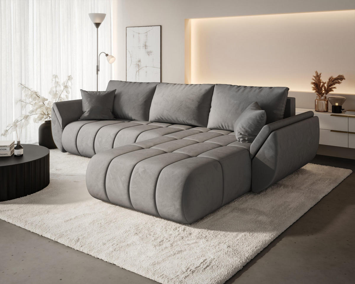 ECKSOFA TOKYO PREMIUM mit Schlaffunktion, Stoff MONOLITH, Hellgrau, Rechts - Hellgrau, Holz (280/190cm) - Kaiser Möbel