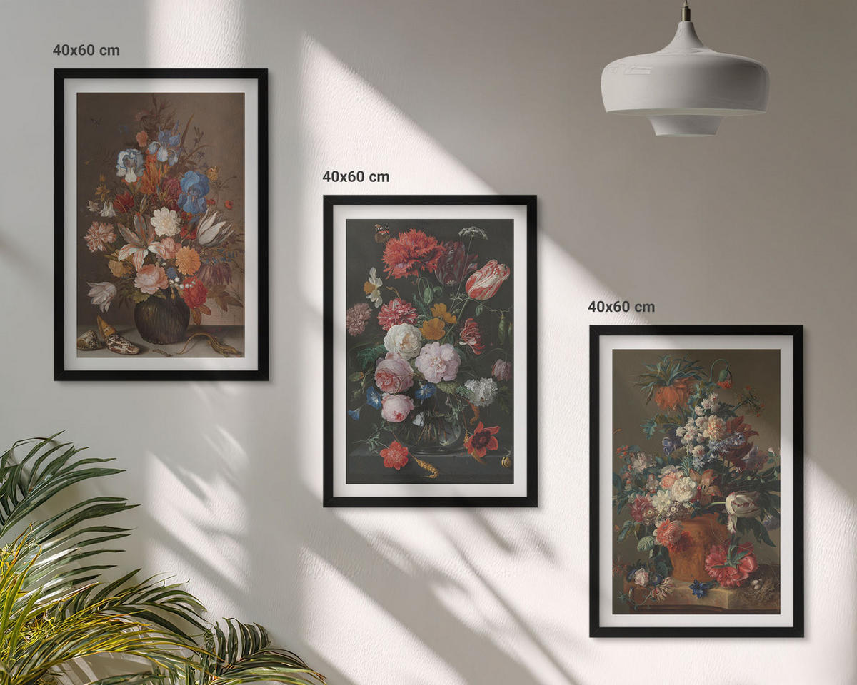 BILDER SET 3er Set - 40x60 cm Schwarzer Rahmen - Blumenarrangements in Vasen - Schwarz, Kunststoff (40/60cm) - TULUP